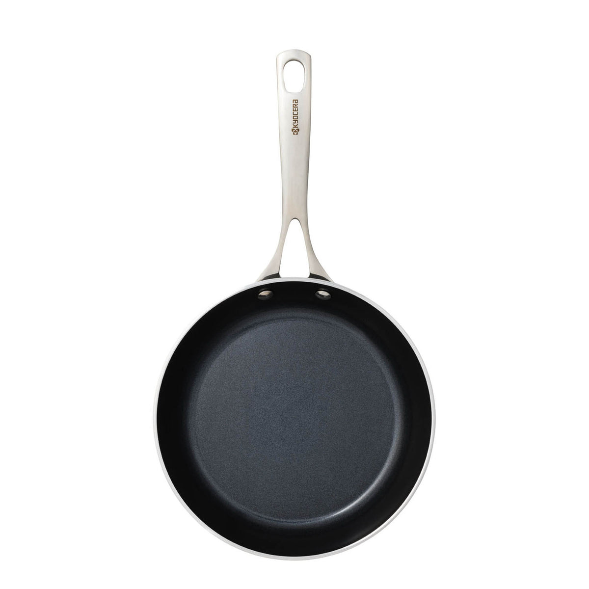 Kyocera ceramic frying pan in black with a smooth non-stick surface and ergonomic handle, ideal for versatile cooking.