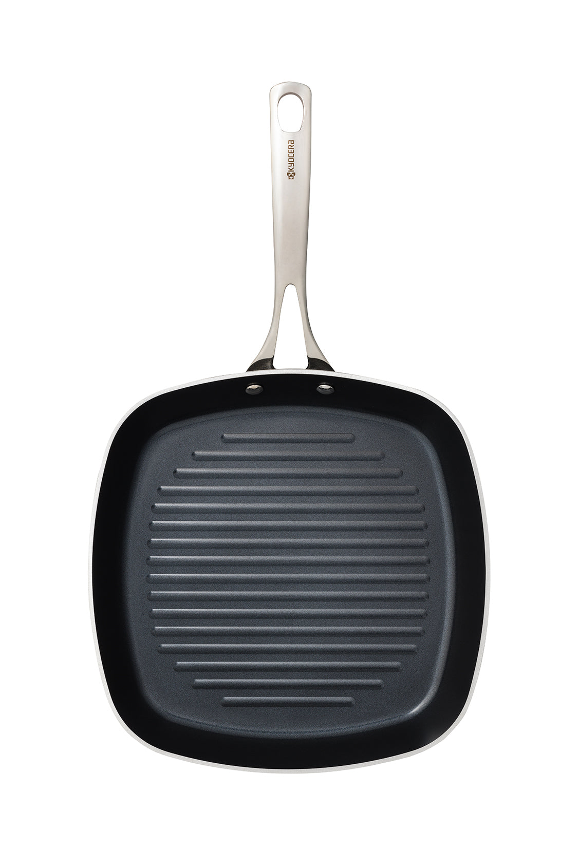 Kyocera ceramic grill pan in black, 26 cm, featuring a durable ceramic coating and sturdy handle for versatile cooking.