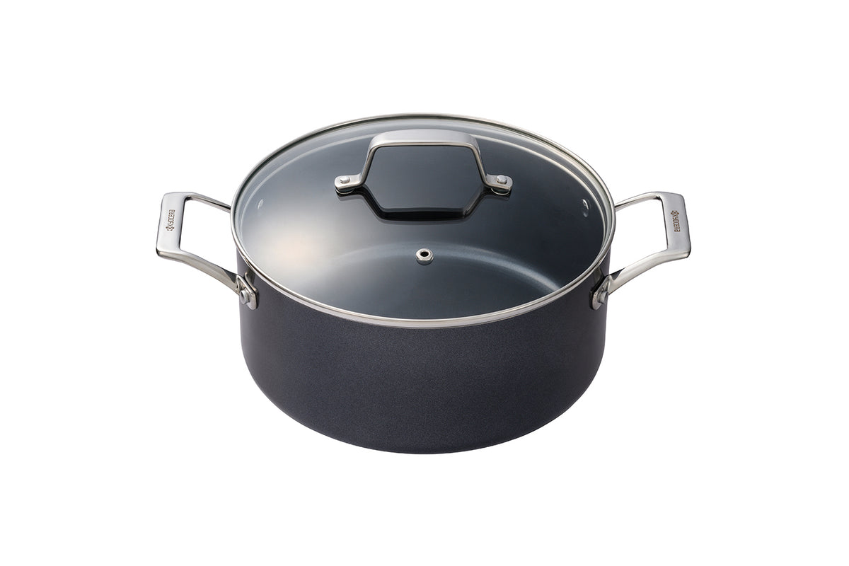 Kyocera ceramic cooking pot in black, showcasing its sleek design and durable ceramic material for versatile kitchen use.