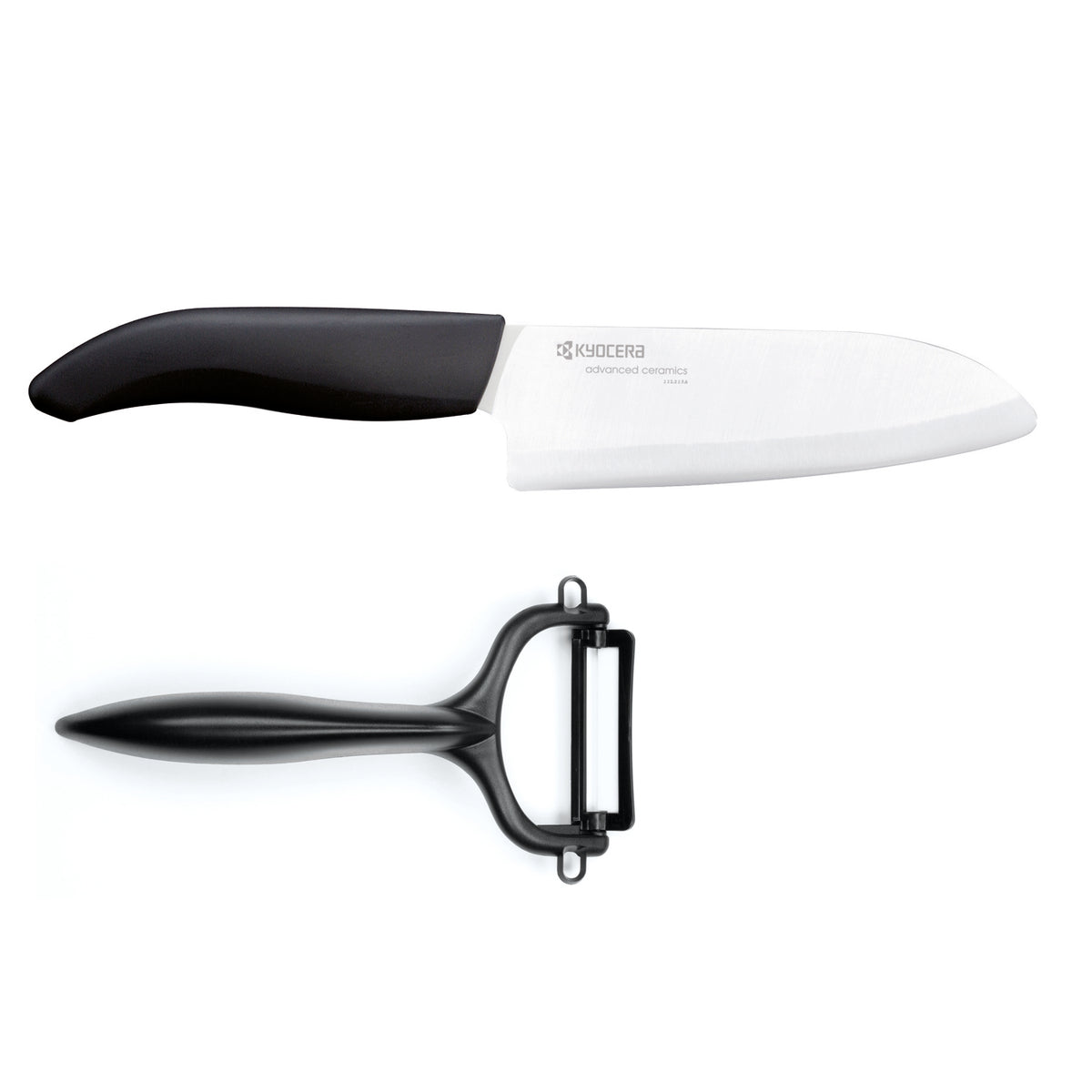 KYOCERA ceramic knife set with vegetable peeler, featuring sleek handles and sharp blades for precise kitchen prep.