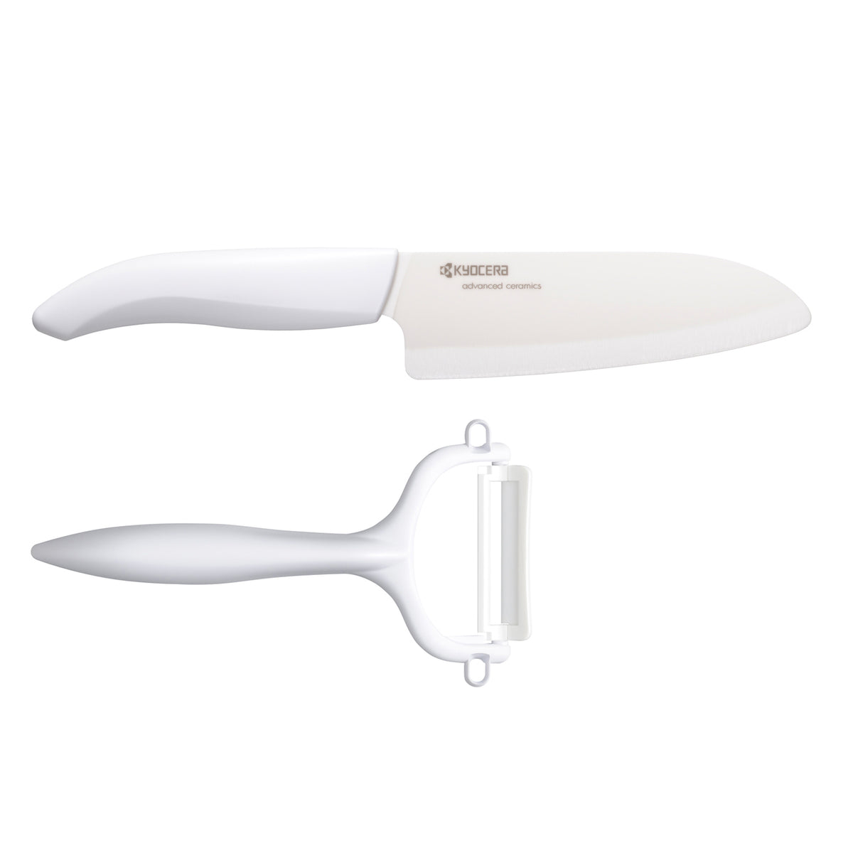 KYOCERA ceramic vegetable knife set with peeler, featuring sharp blades and ergonomic handles for precise kitchen prep.