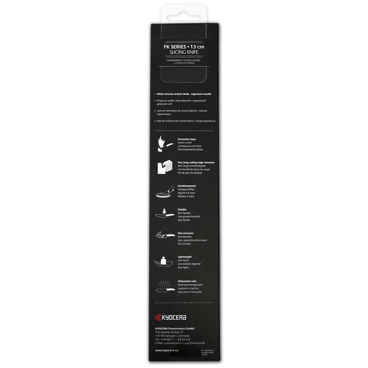 KYOCERA ceramic kitchen knife with white handle and blade, designed for precise slicing and cutting in the kitchen