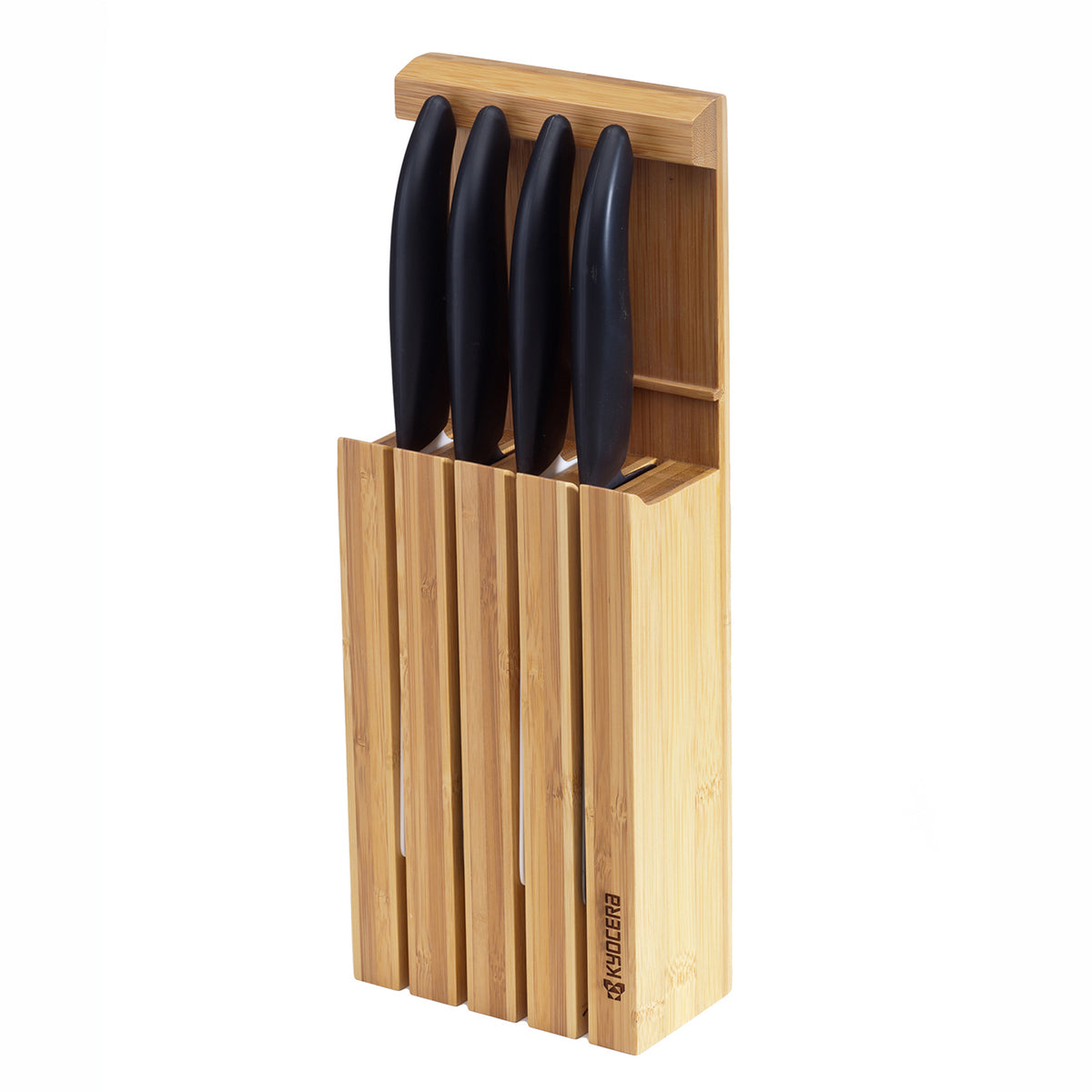 KYOCERA 3-in-1 bamboo knife block showcasing multiple knives organized in a stylish bamboo holder