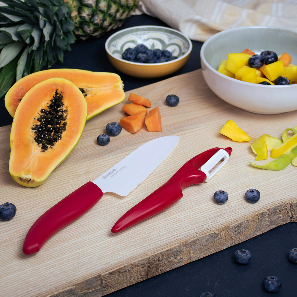 KYOCERA double-sided peeling knife with sharp edges for precise peeling and slicing in the kitchen.