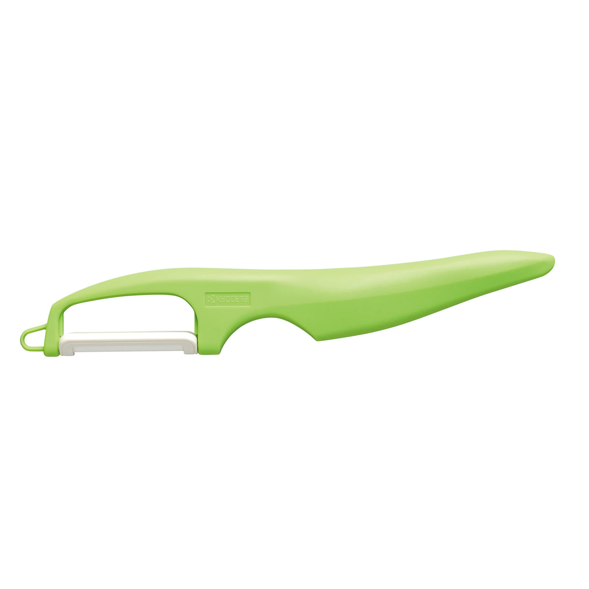 KYOCERA double-sided peeler with sharp blades, stainless steel handle, and ergonomic design for efficient peeling.