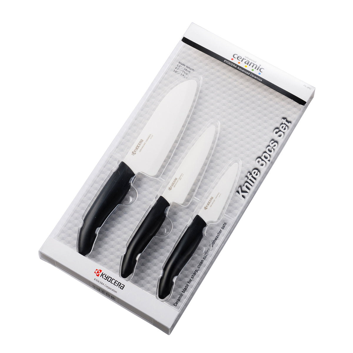 Kyocera ceramic knife set with three black knives, featuring sleek handles and sharp blades for precise kitchen cutting tasks.