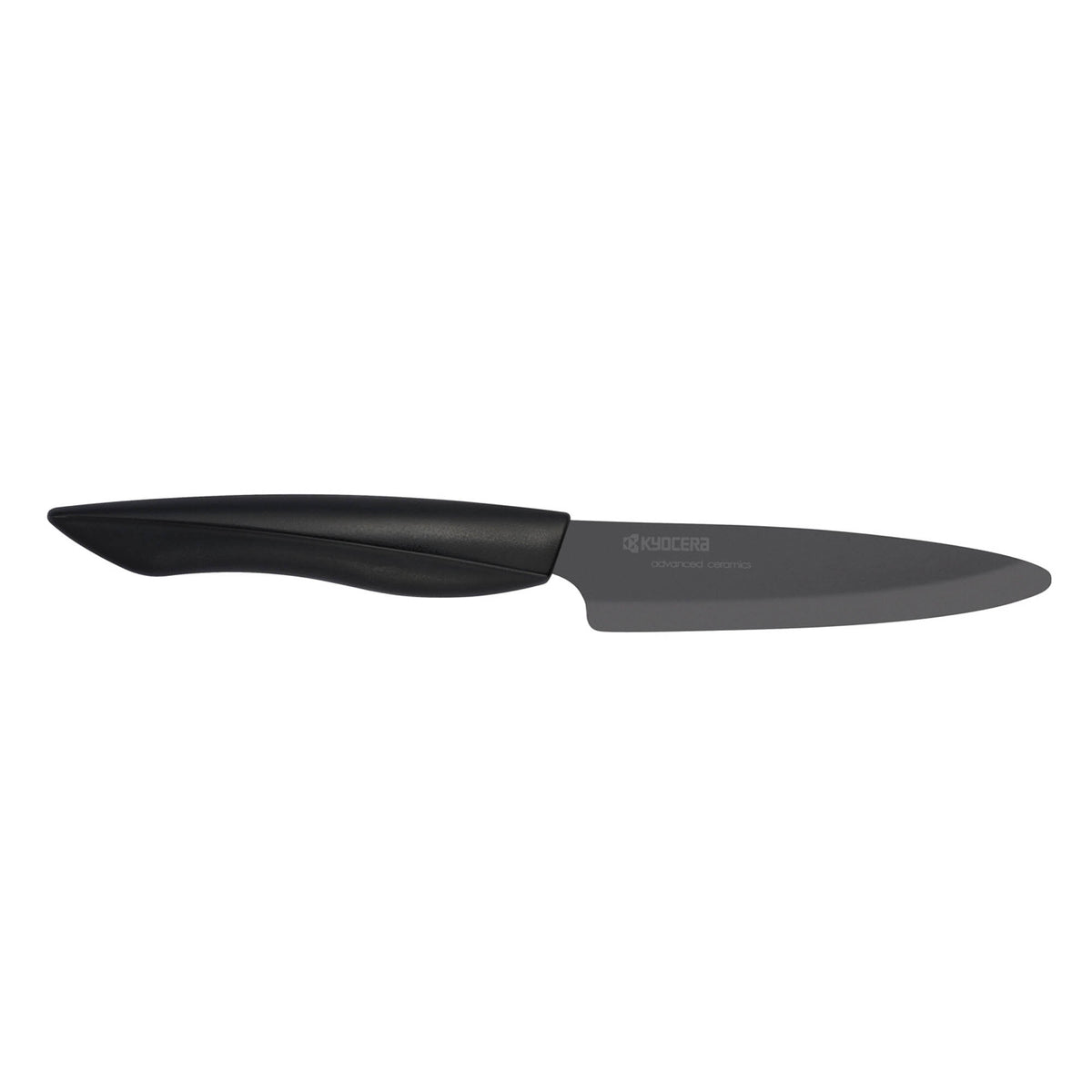 KYOCERA black ceramic knife SHIN with sharp blade and ergonomic handle, ideal for precision cutting in the kitchen.