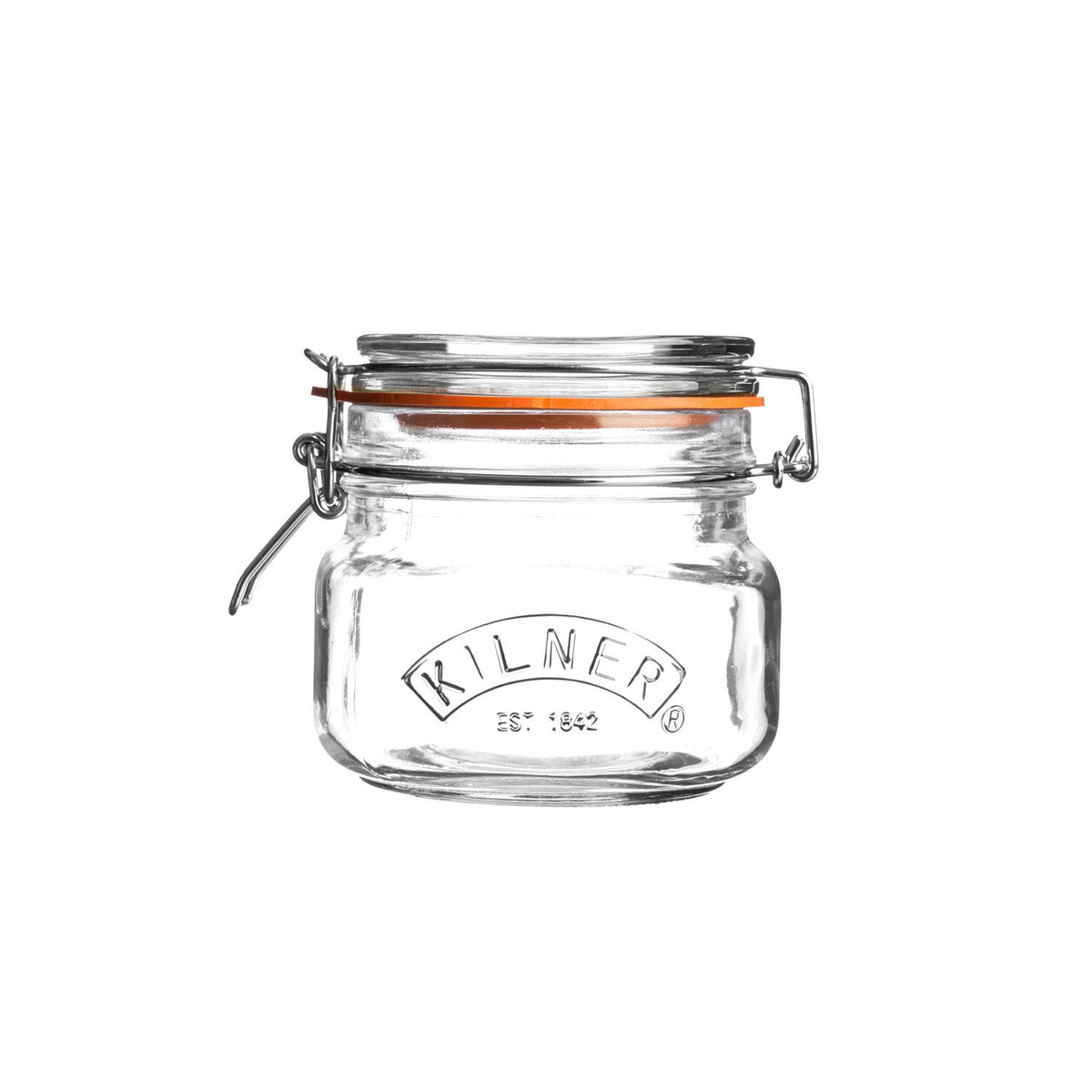 Clear Kilner Clip Square canning jar with metal clamp lid, ideal for preserving fruits and vegetables.