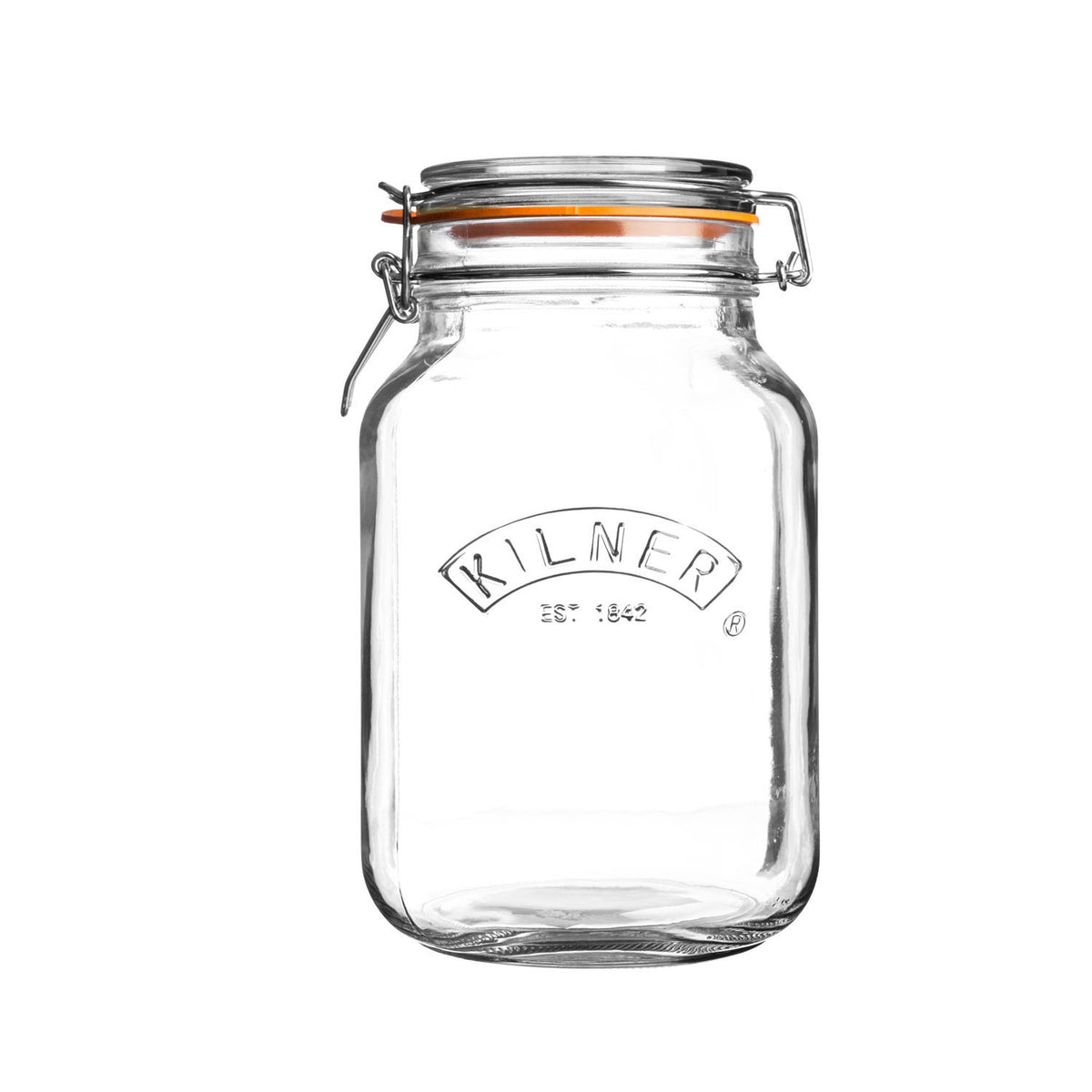 Clear Kilner Clip Square jar for canning and storage, featuring a sturdy clip lid and transparent glass design.