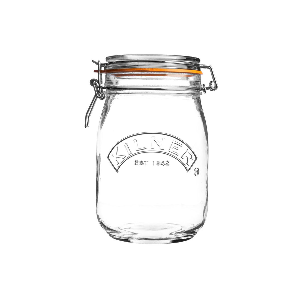 KILNER clip round clear glass jar for canning and preserving, with metal clip lid and transparent body.