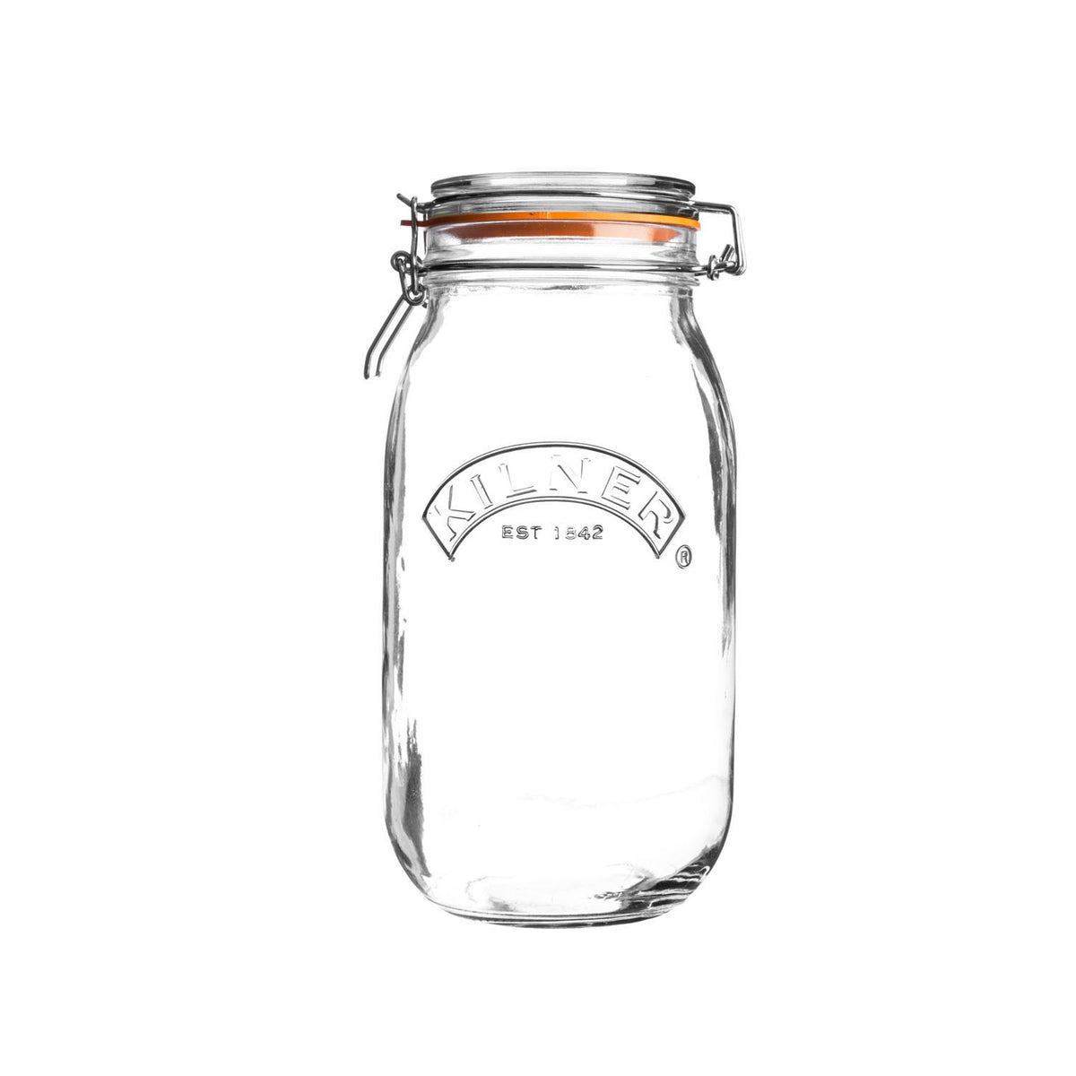 Clear KILNER Clip Round canning jar with metal clip lid for preserving foods, shown with a transparent glass surface.