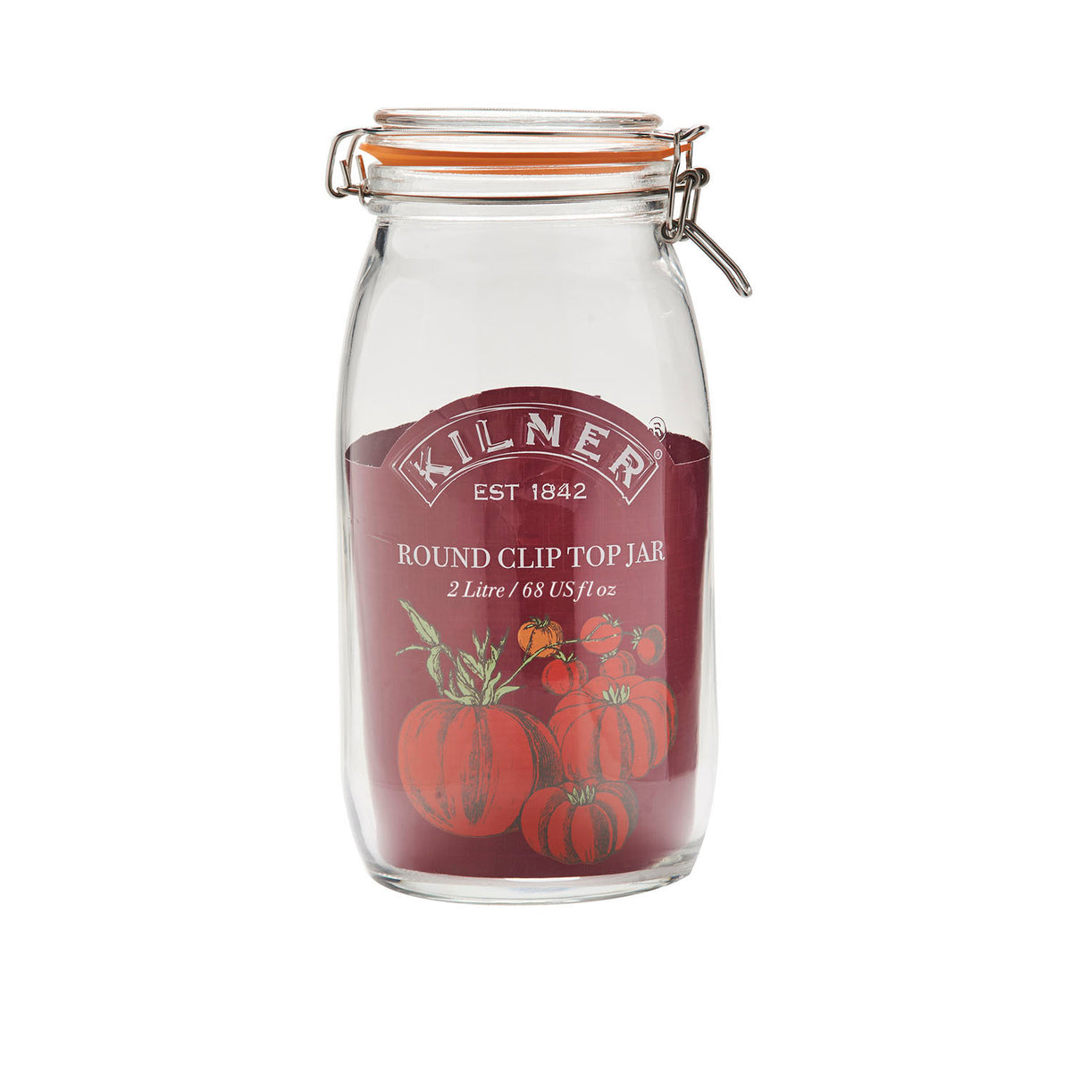 Clear KILNER Clip Round canning jar with metal clip lid for preserving fruits and vegetables, shown from side view.