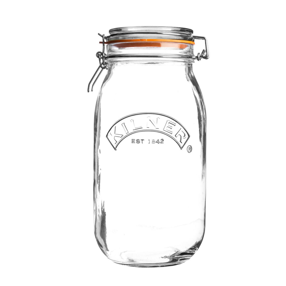Clear KILNER Clip Round canning jar with metal clip lid, ideal for preserving fruits and vegetables.