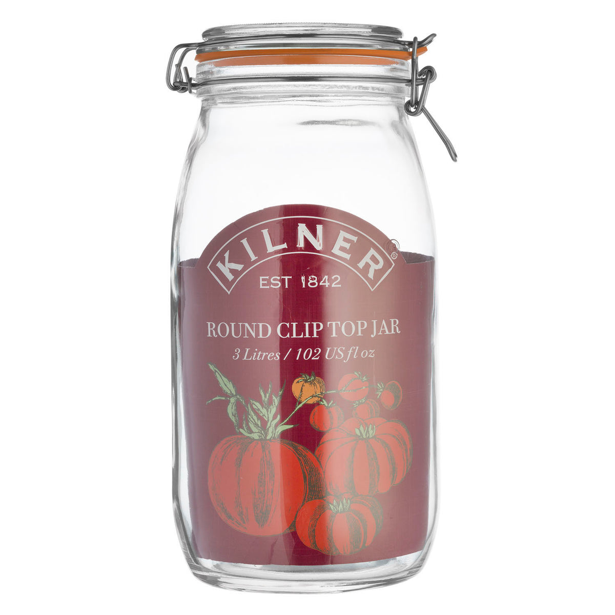 Clear KILNER Clip Round Einkochglas jar with metal clip lid for preserving and storing food.