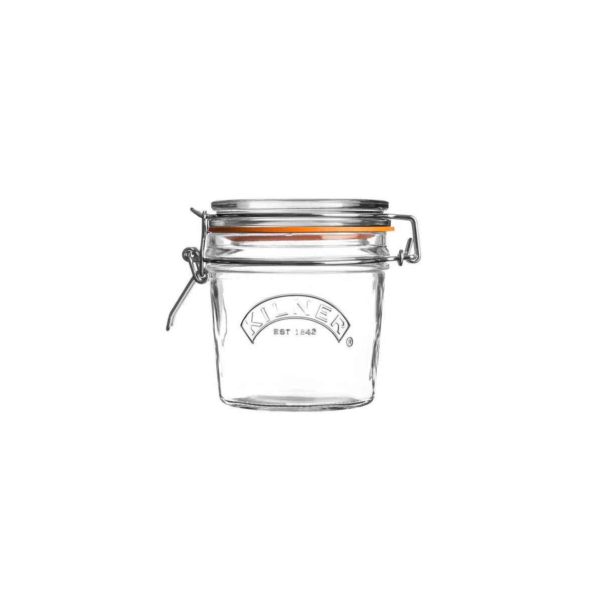 Clear Kilner clip round canning jar with metal clips and rubber seal for preserving food and homemade jams.