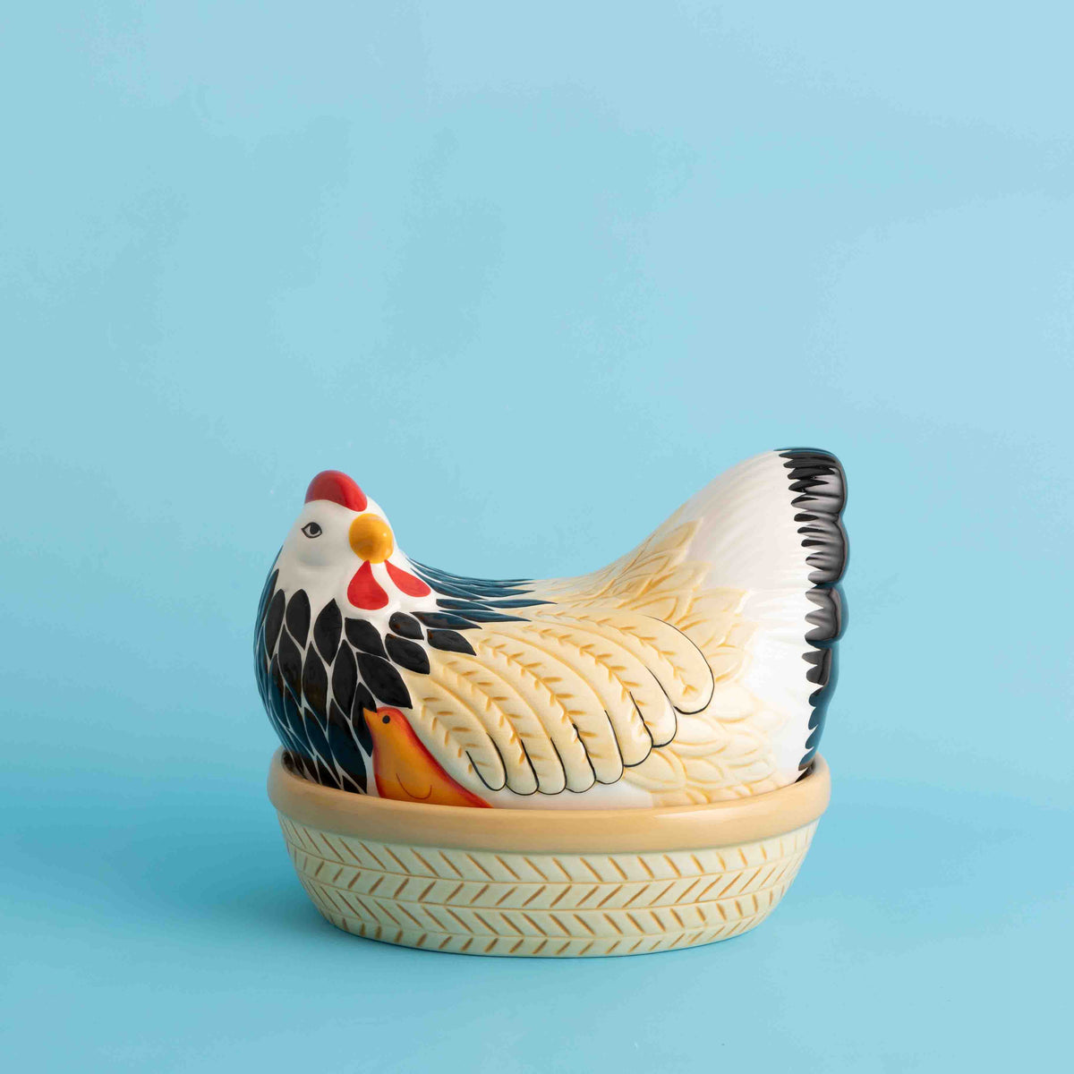 Colorful Mason Cash ceramic chicken figurine, detailed multi-colored ceramic chicken for decorative display.