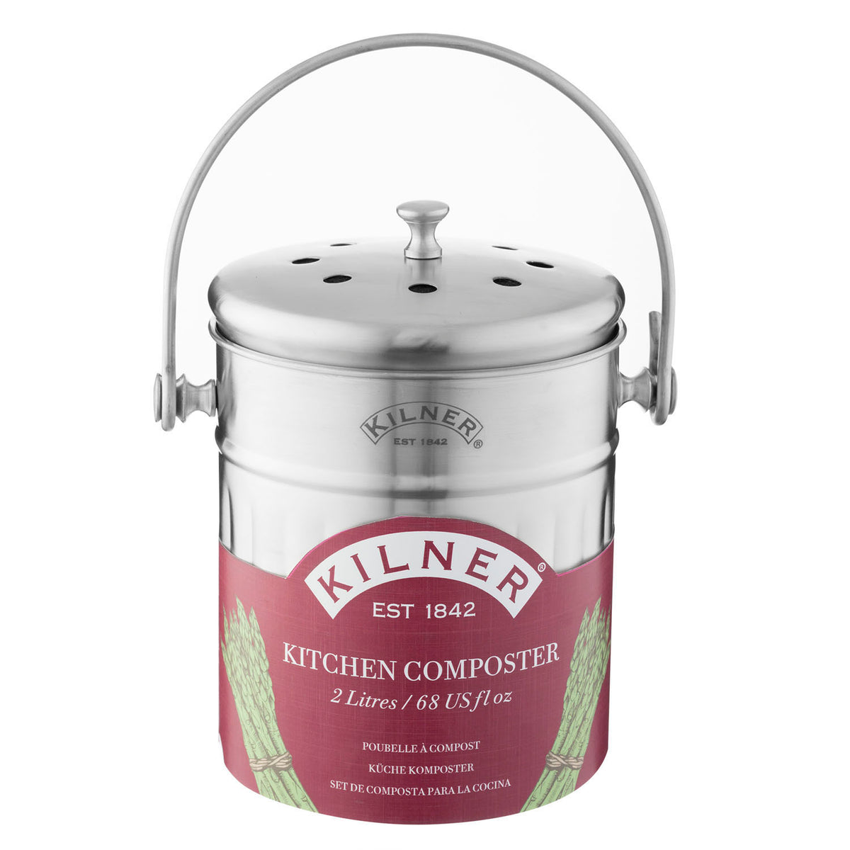KILNER stainless steel kitchen compost bin, 2-liter capacity, with lid and compact design for eco-friendly waste sorting.