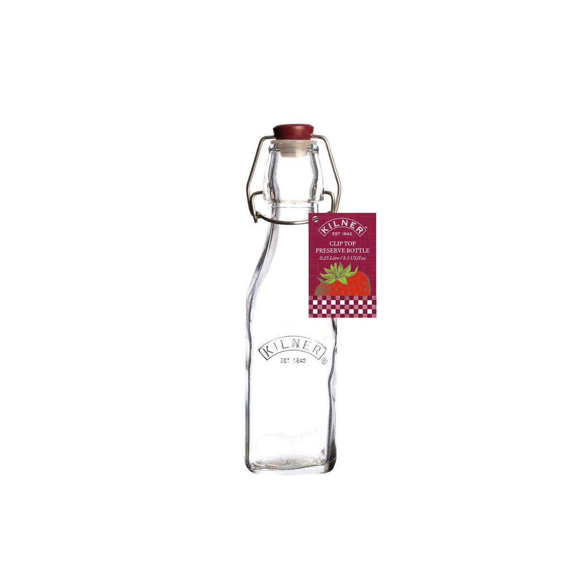 KILNER CLIP SQUARE clear canning jar with metal clip lid for storing preserves and liquids, transparent glass container.