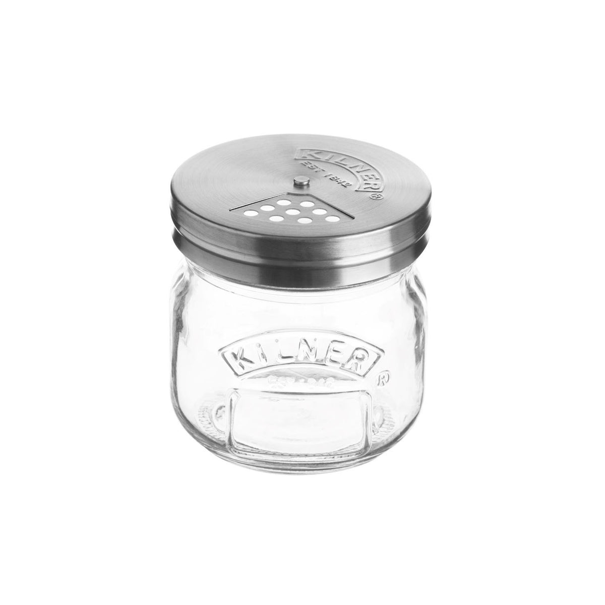 Clear 250 ml KILNER Streu-Gläschen for spices or herbs, with a secure lid and transparent glass body.