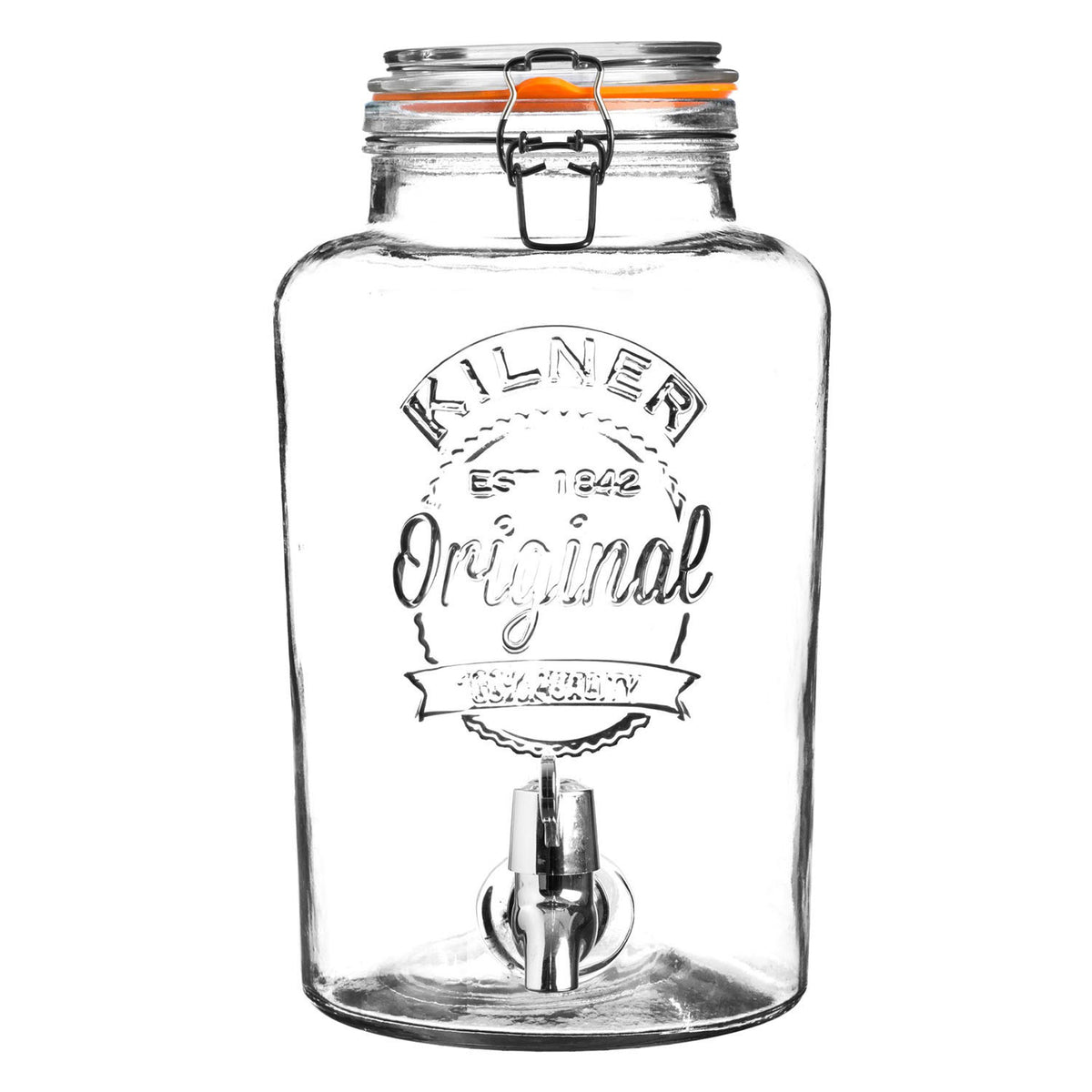 KILNER clear 5L round drink dispenser with spigot, perfect for serving beverages at parties or gatherings.