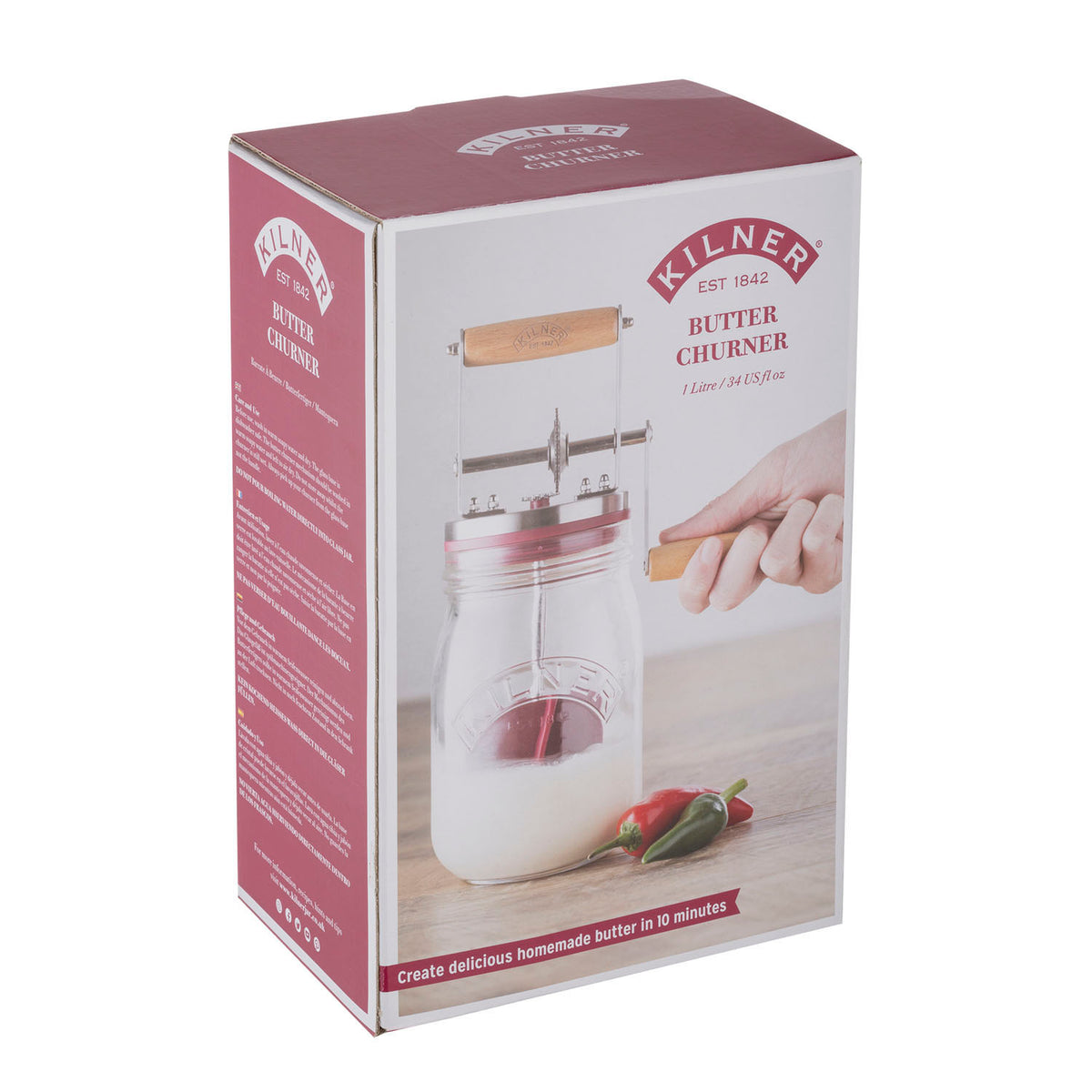 KILNER butter churn in clear glass with wooden lid, 1-liter capacity, for making fresh butter at home.