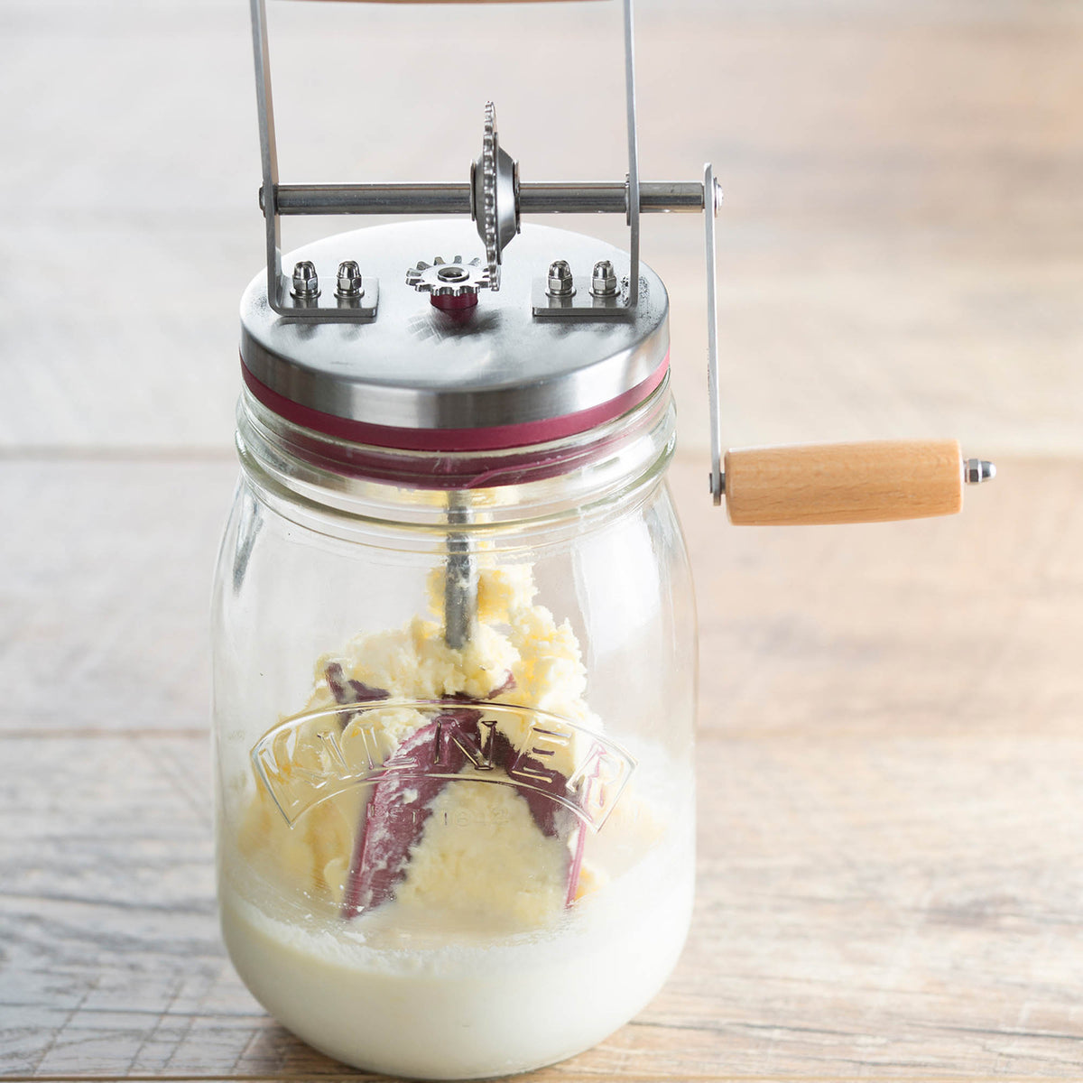 KILNER 1L clear butter churn with wooden lid and paddle for homemade butter making