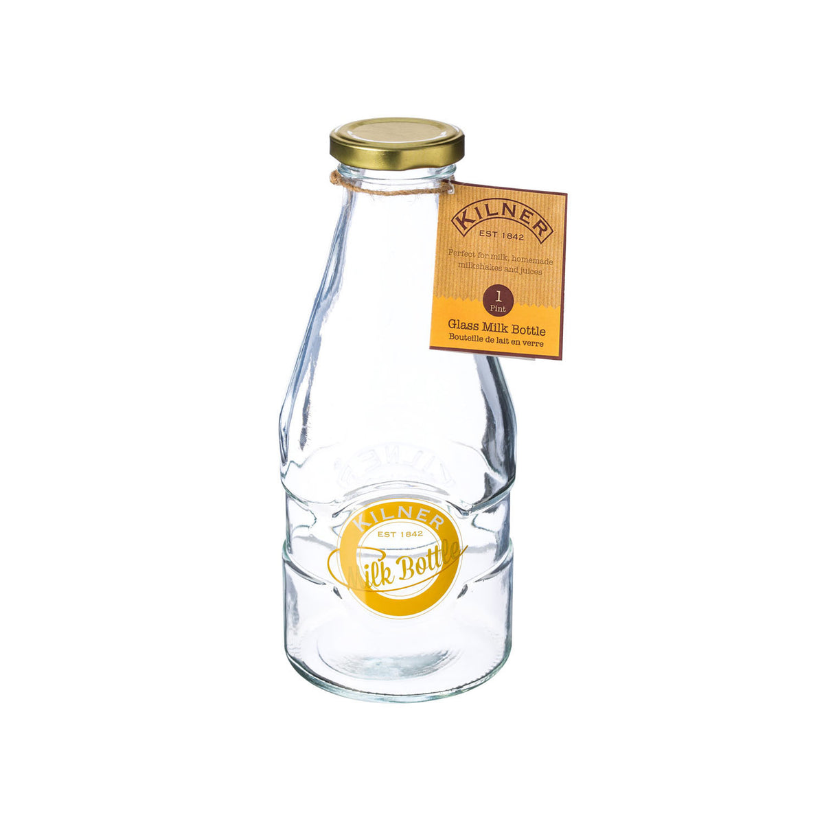 KILNER glass milk bottle with a clear, classic design, perfect for storing and serving milk or other beverages.