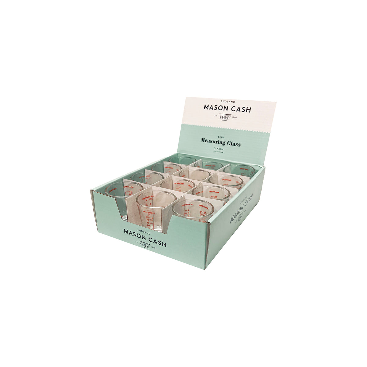 Clear Mason Cash measuring jug, classic design, transparent plastic with measurement markings for precise liquid measurement.