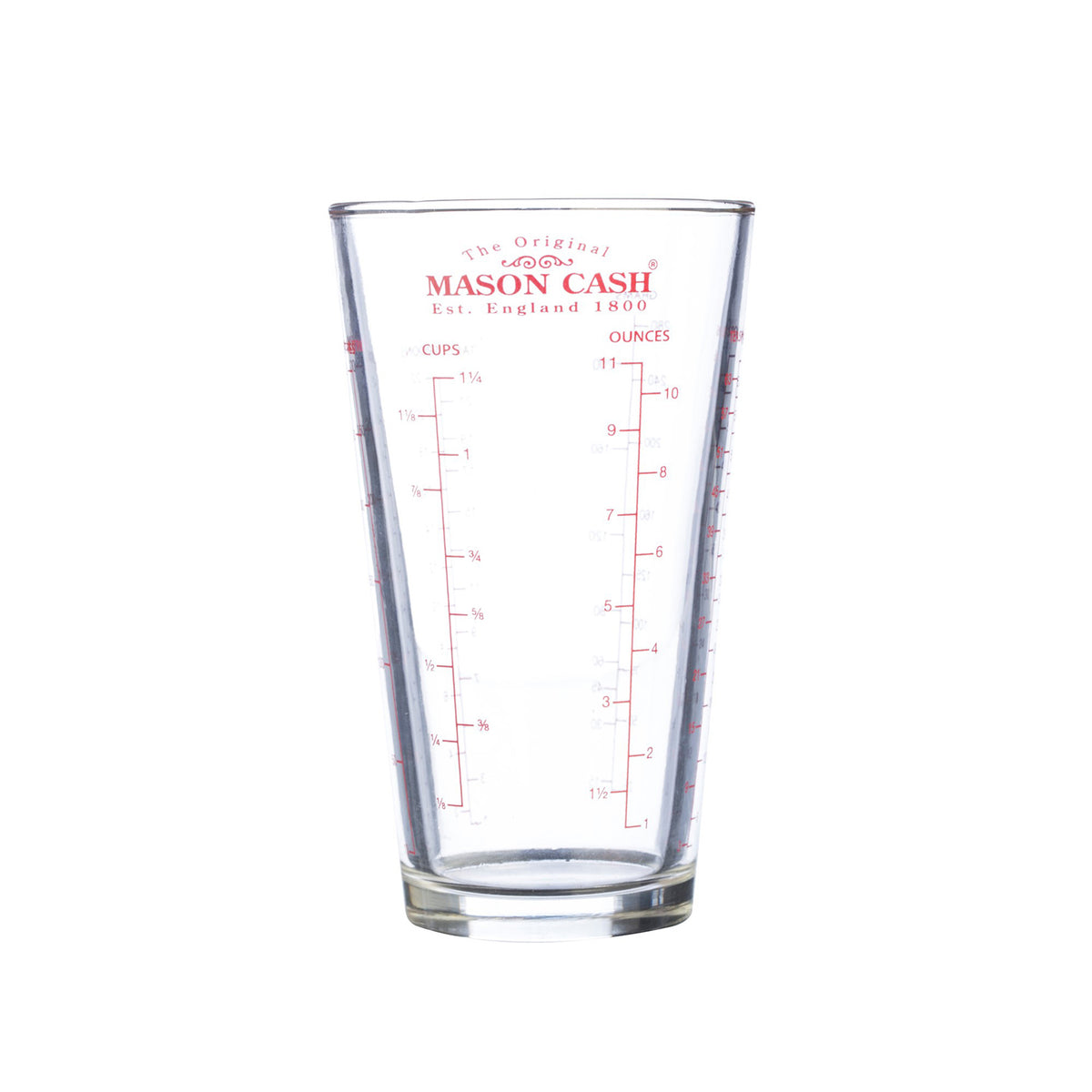 Clear Mason Cash measuring jug, classic design, with measurement markings visible, made of durable plastic.