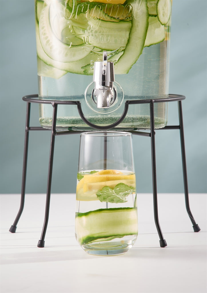 Black KILNER round stand for drink dispensers, sturdy and stylish, supporting beverage containers securely.