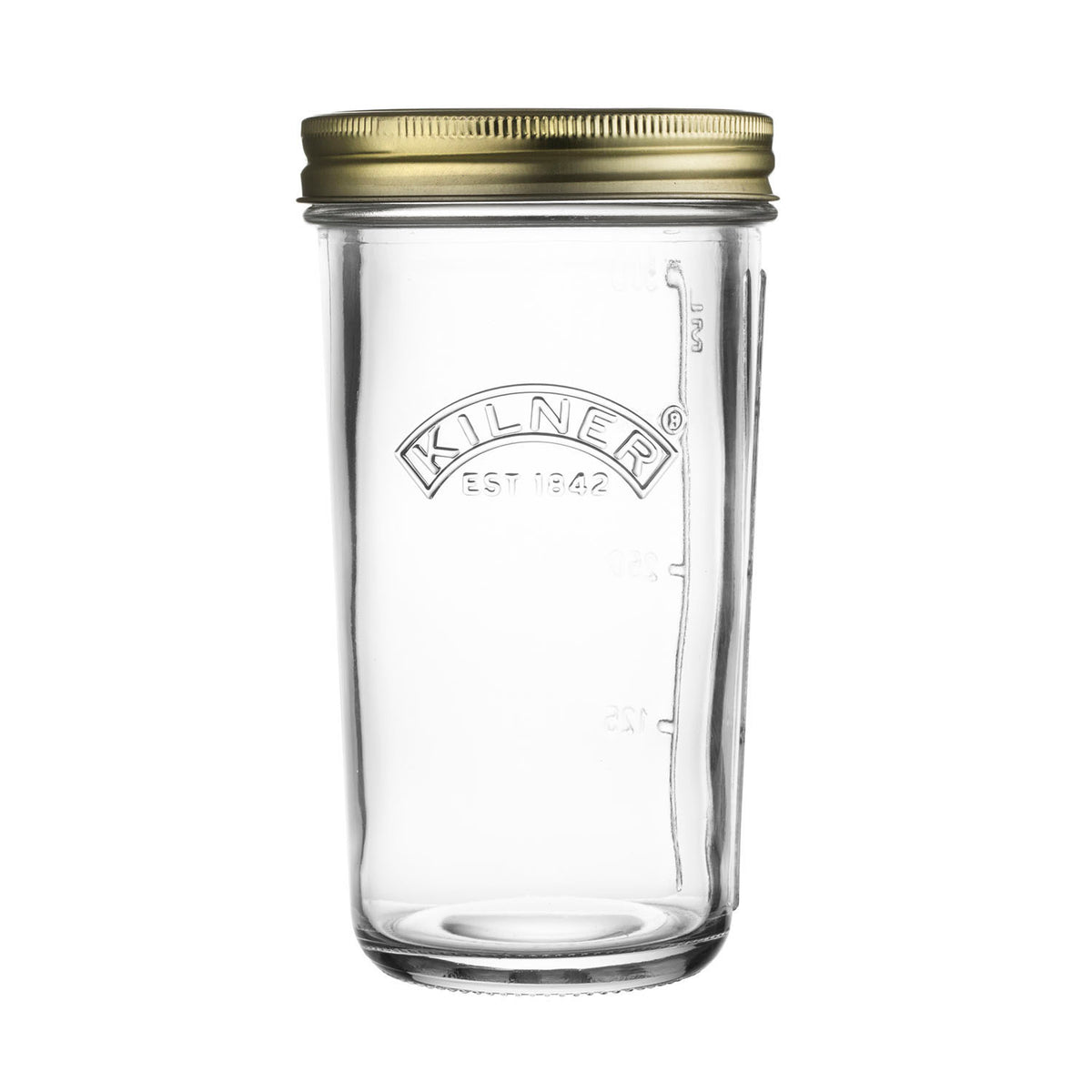 Clear KILNER Einkochglas with wide mouth, ideal for preserving jams and sauces, made of durable glass.