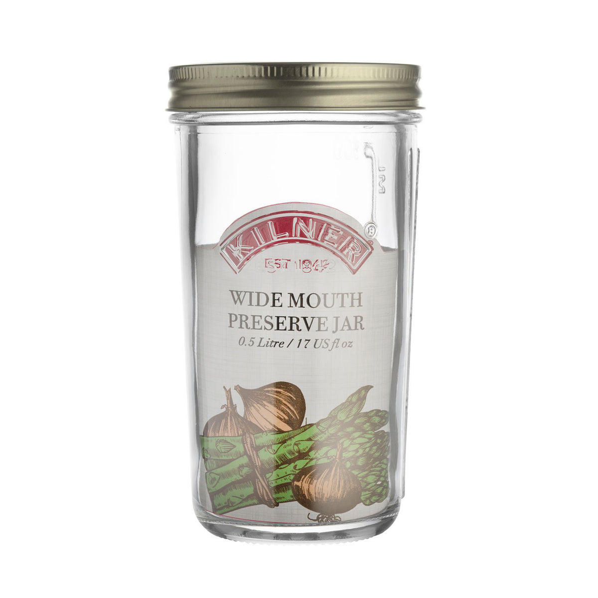 Clear KILNER Einkochglas with wide mouth, ideal for preserving fruits and jams, featuring a classic glass jar design.