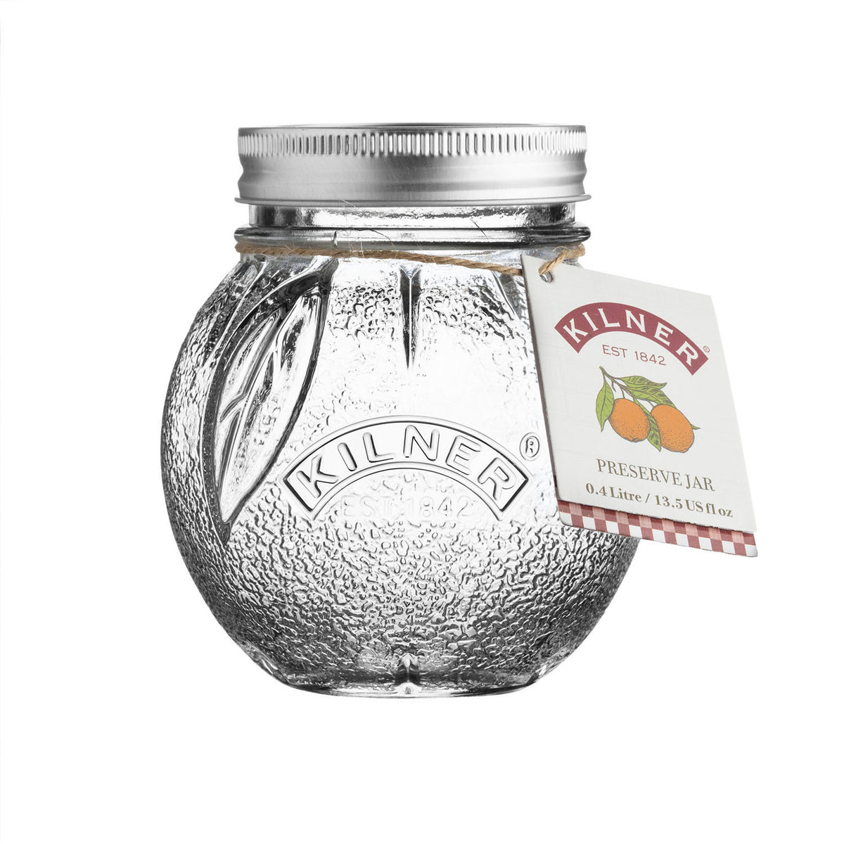 Kilner orange marmalade jar with 400 ml capacity, clear glass container with metal lid for preserving jams and spreads