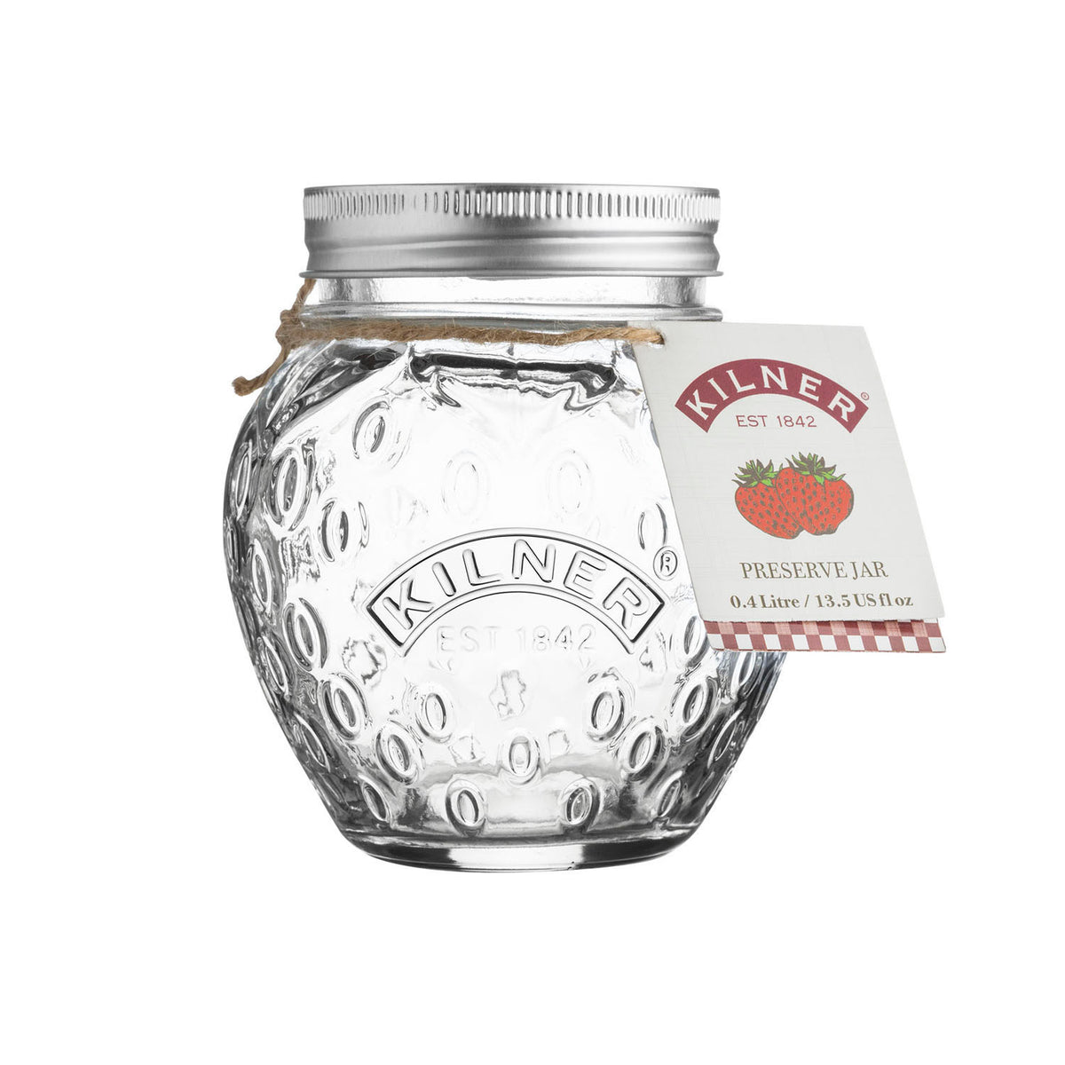 Clear glass KILNER marmalade jar with metal lid, transparent jar for storing homemade jams and preserves.