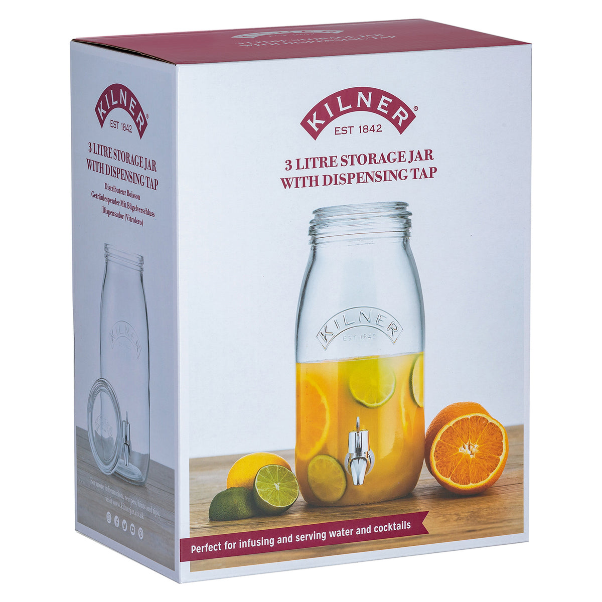 KILNER clear 3L drink dispenser with tap and lid in a glass jar style for beverages and parties.