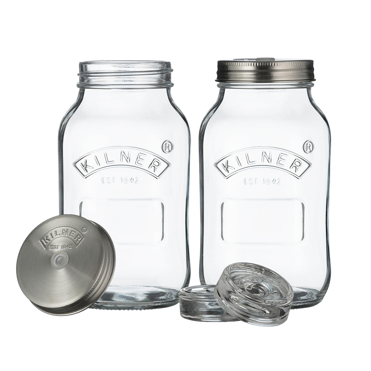 Set of two small Kilner fermenting jars, 1L capacity each, with glass lids and metal clasps for homemade fermentations.
