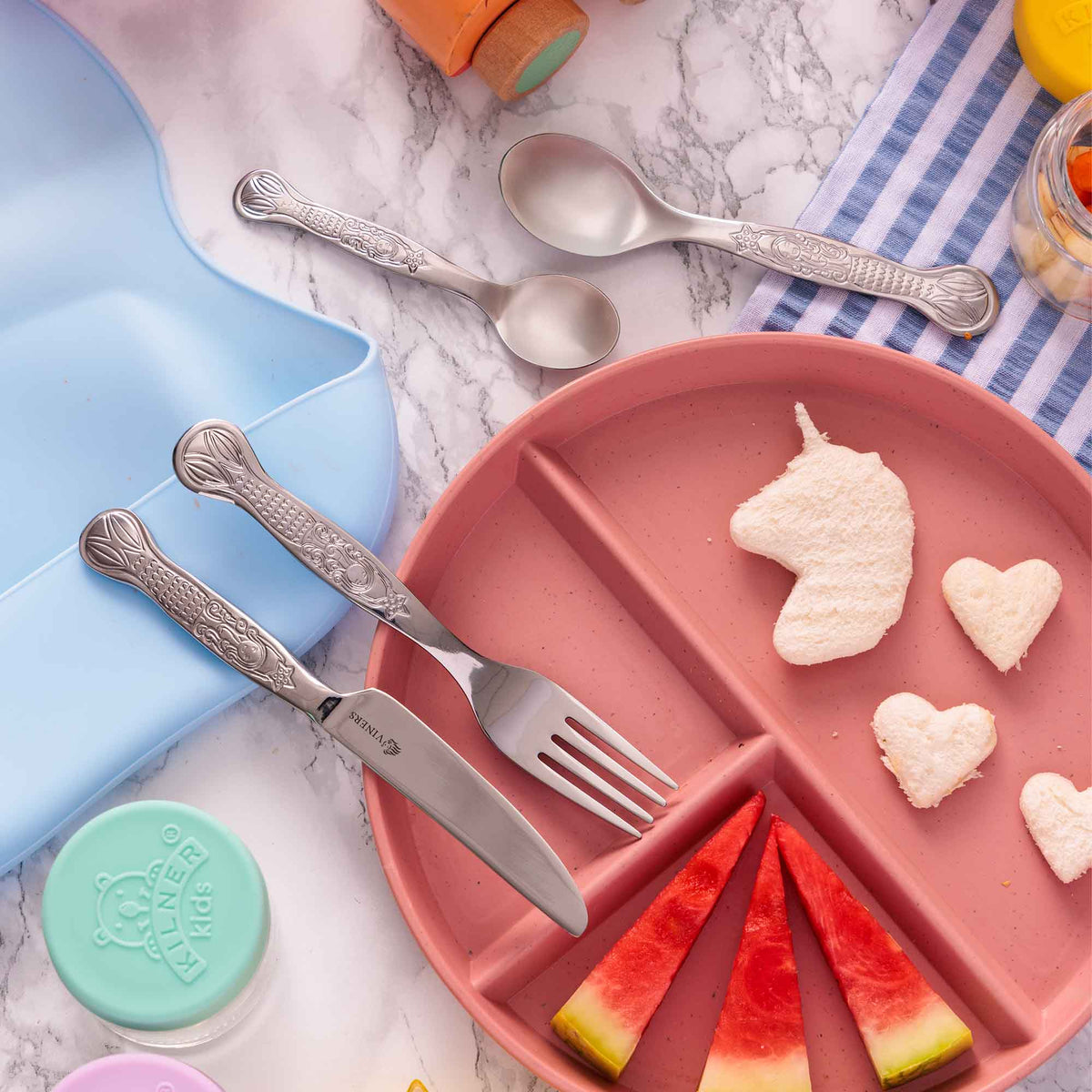 Set of three VINERS stainless steel children's cutlery including fork, knife, and spoon for kids' meals.