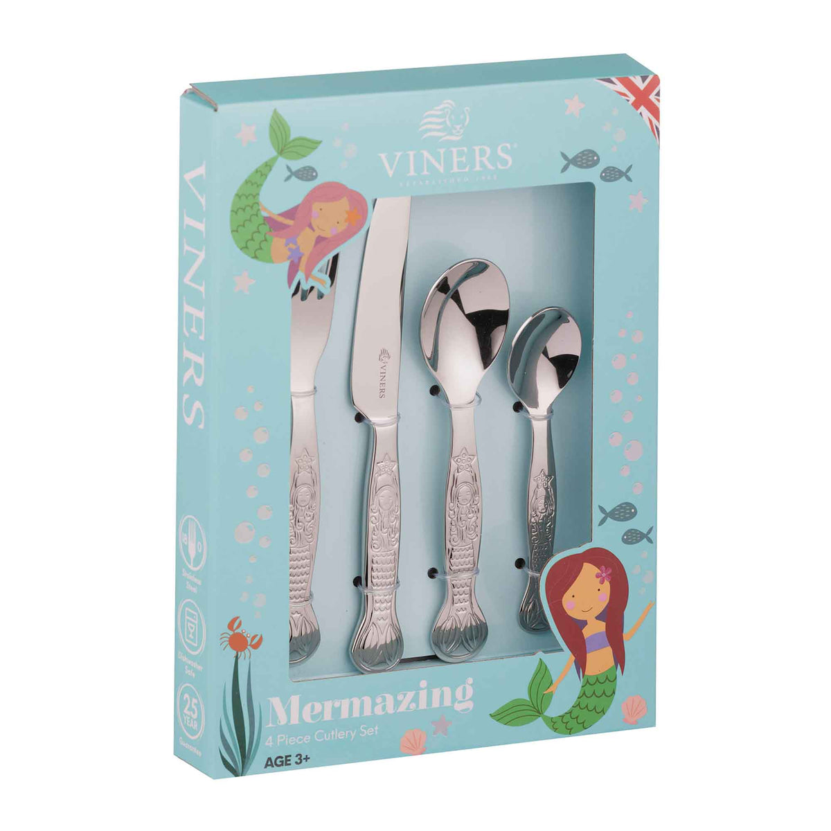 VINERS Kinderbesteck 3er-Set in Edelstahl with colorful handles, designed for children to use comfortably and safely.