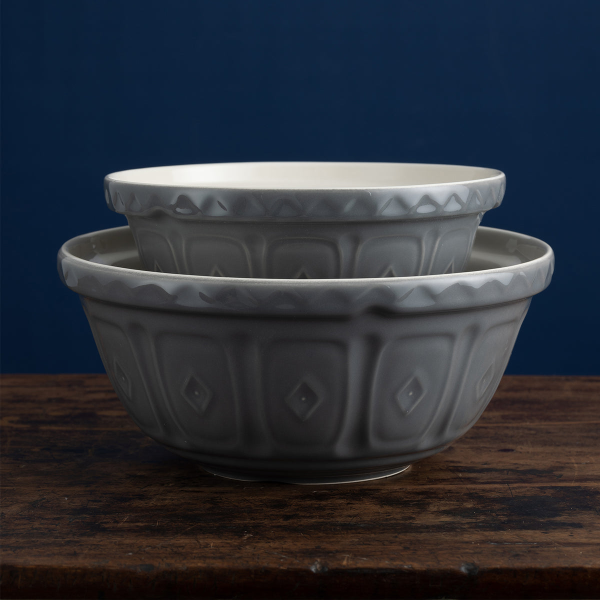 Gray Mason Cash mixing bowl with a smooth, rounded design and sturdy exterior, ideal for baking and food preparation.