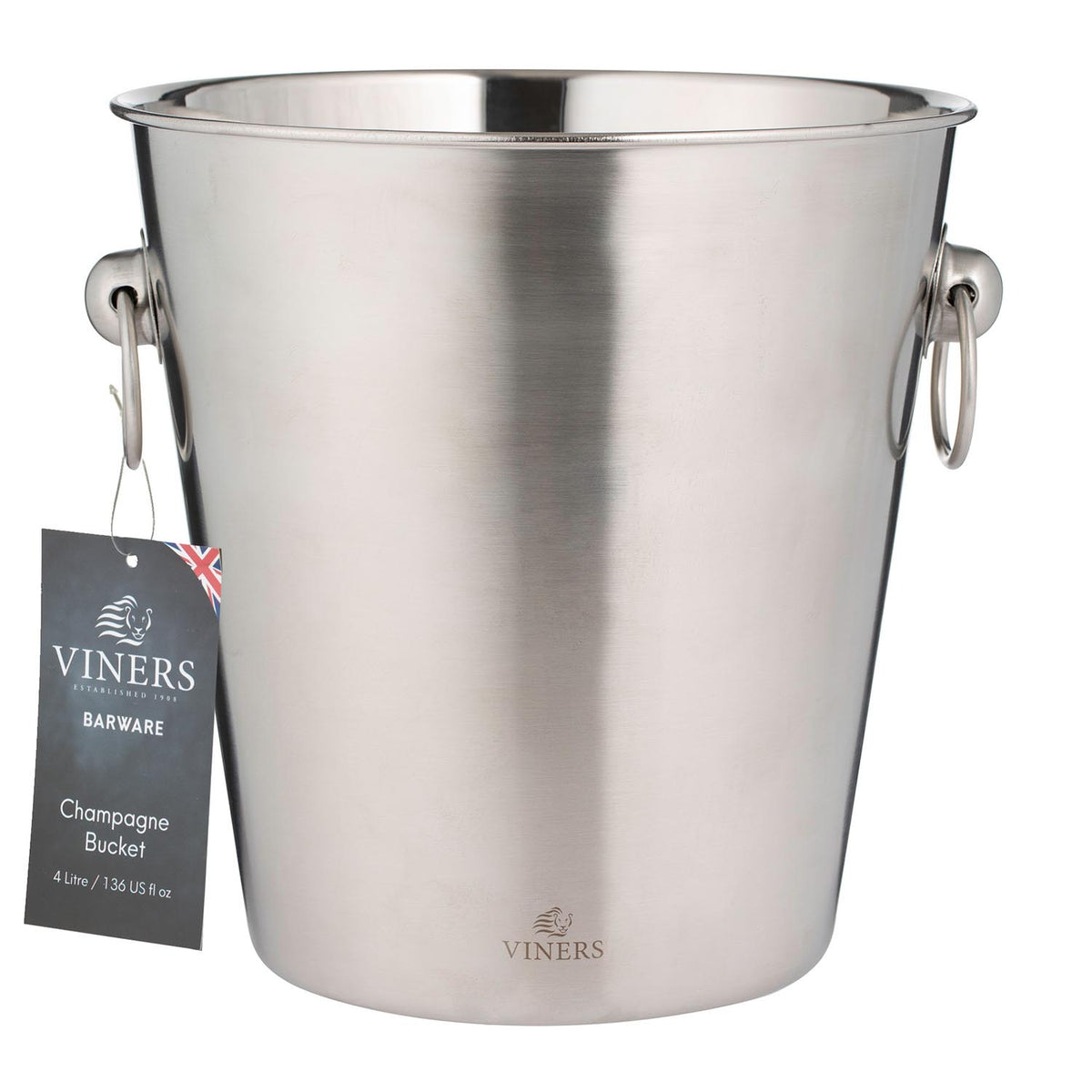 VINERS stainless steel champagne cooler in silver, elegant insulated champagne bucket with handles for chilling bottles.