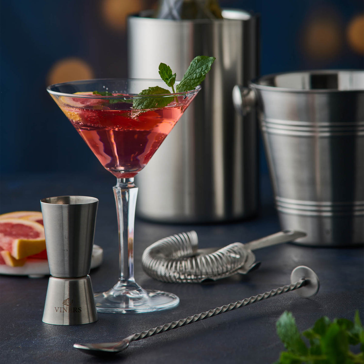 VINERS stainless steel cocktail spoon with a sleek silver finish, designed for mixing and serving cocktails elegantly.