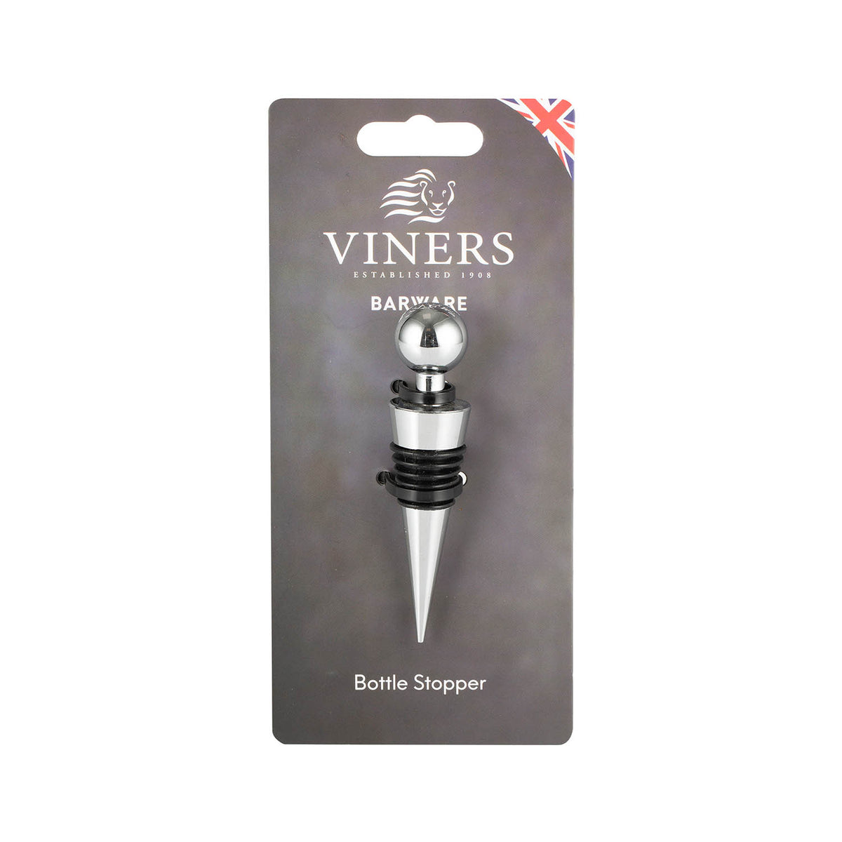Silver VINERS bottle stopper with sleek metallic finish, designed to seal wine bottles effectively.