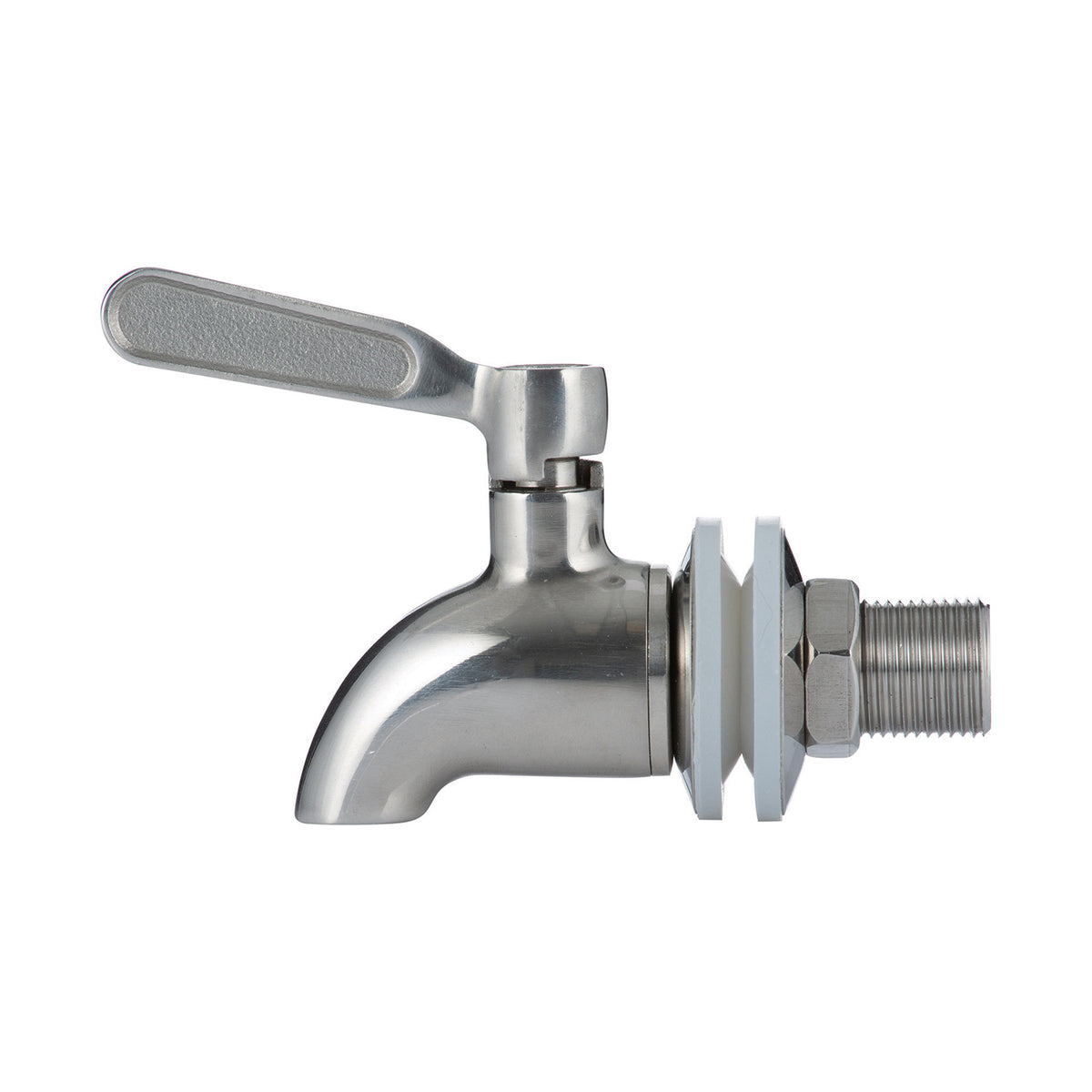 KILNER stainless steel tap for beverage dispensers, shown attached to a clear glass drink jug.