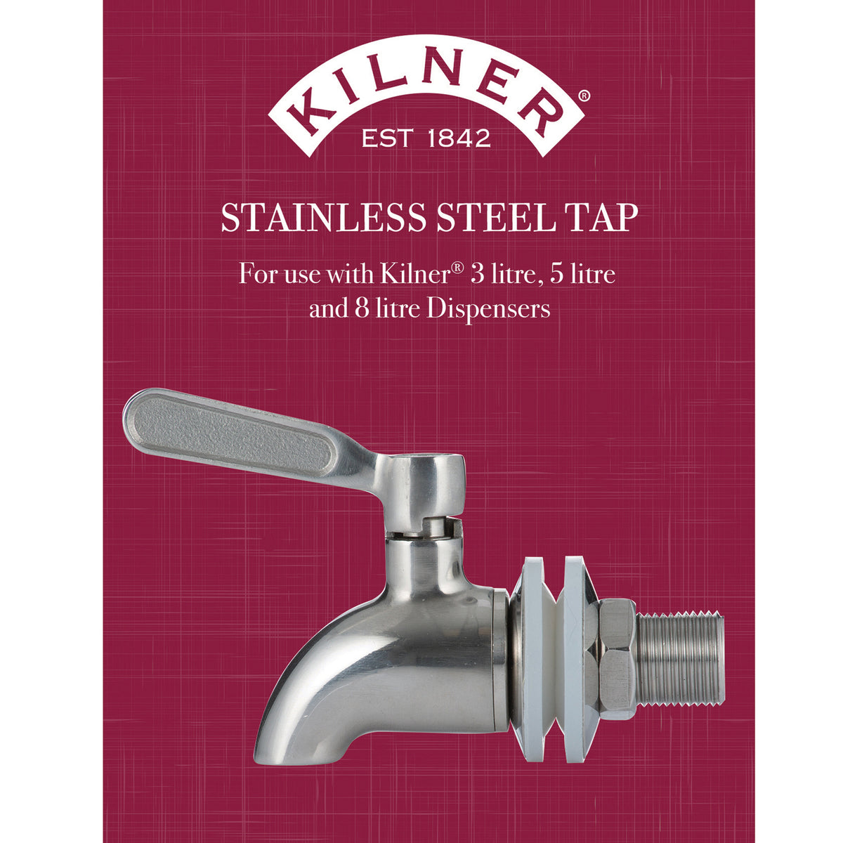 KILNER stainless steel tap for beverage dispenser, close-up of spout and handle showing durable metal design and fitting details