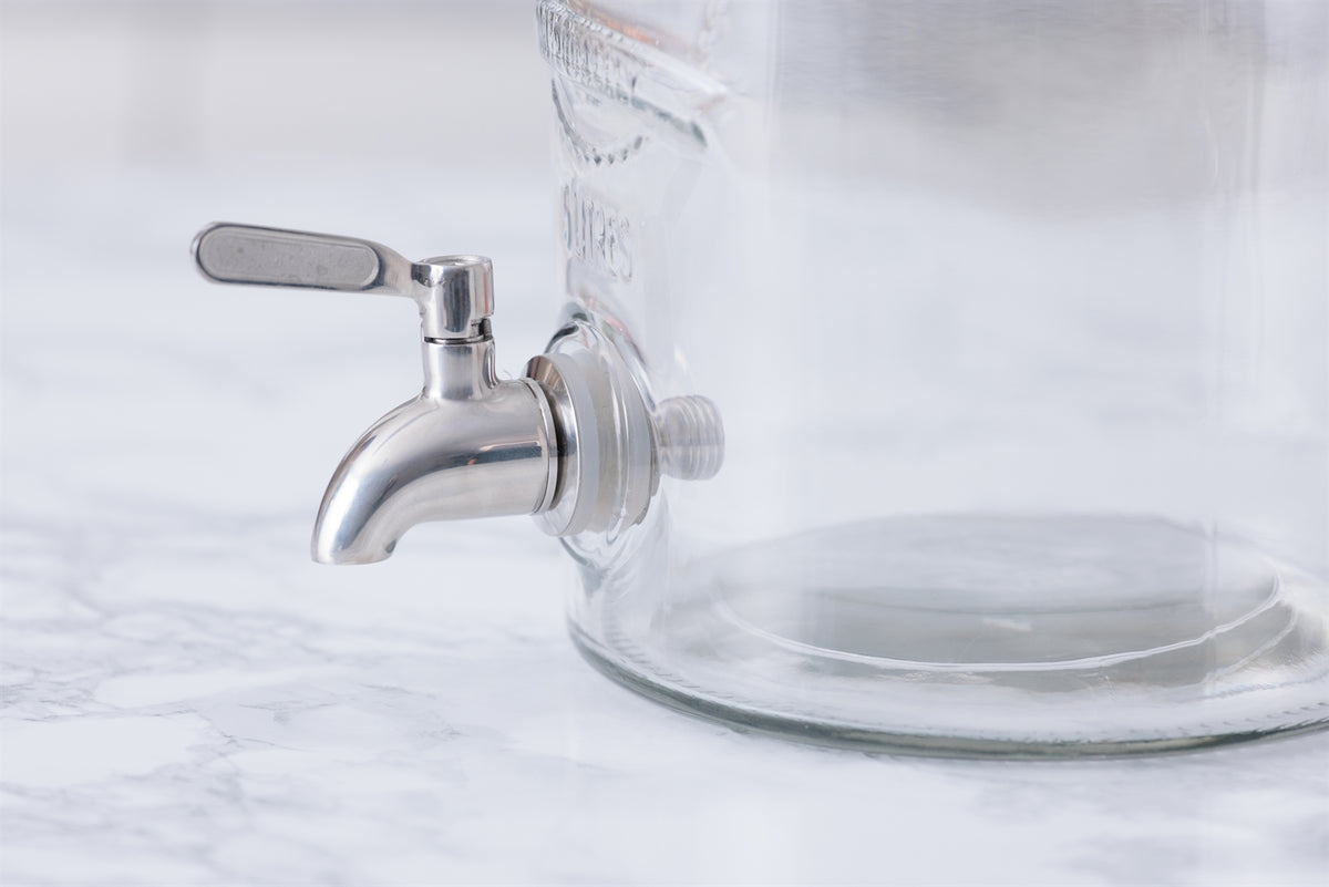 KILNER stainless steel tap for beverage dispenser, close-up view showing the faucet and spout for easy pouring.
