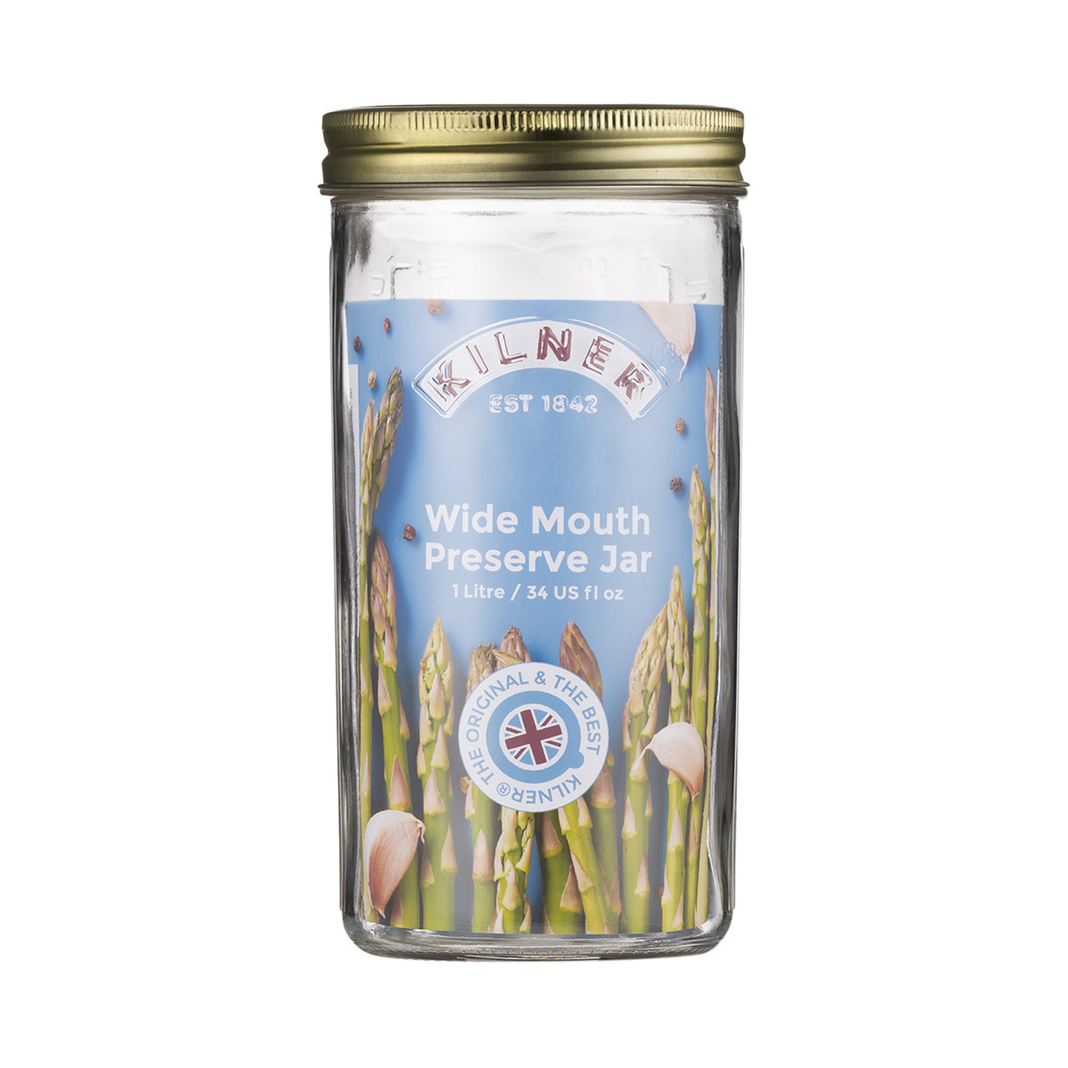 Clear KILNER canning jar with wide mouth, made of glass, showing the transparent, smooth surface and screw-top lid for preserving food.
