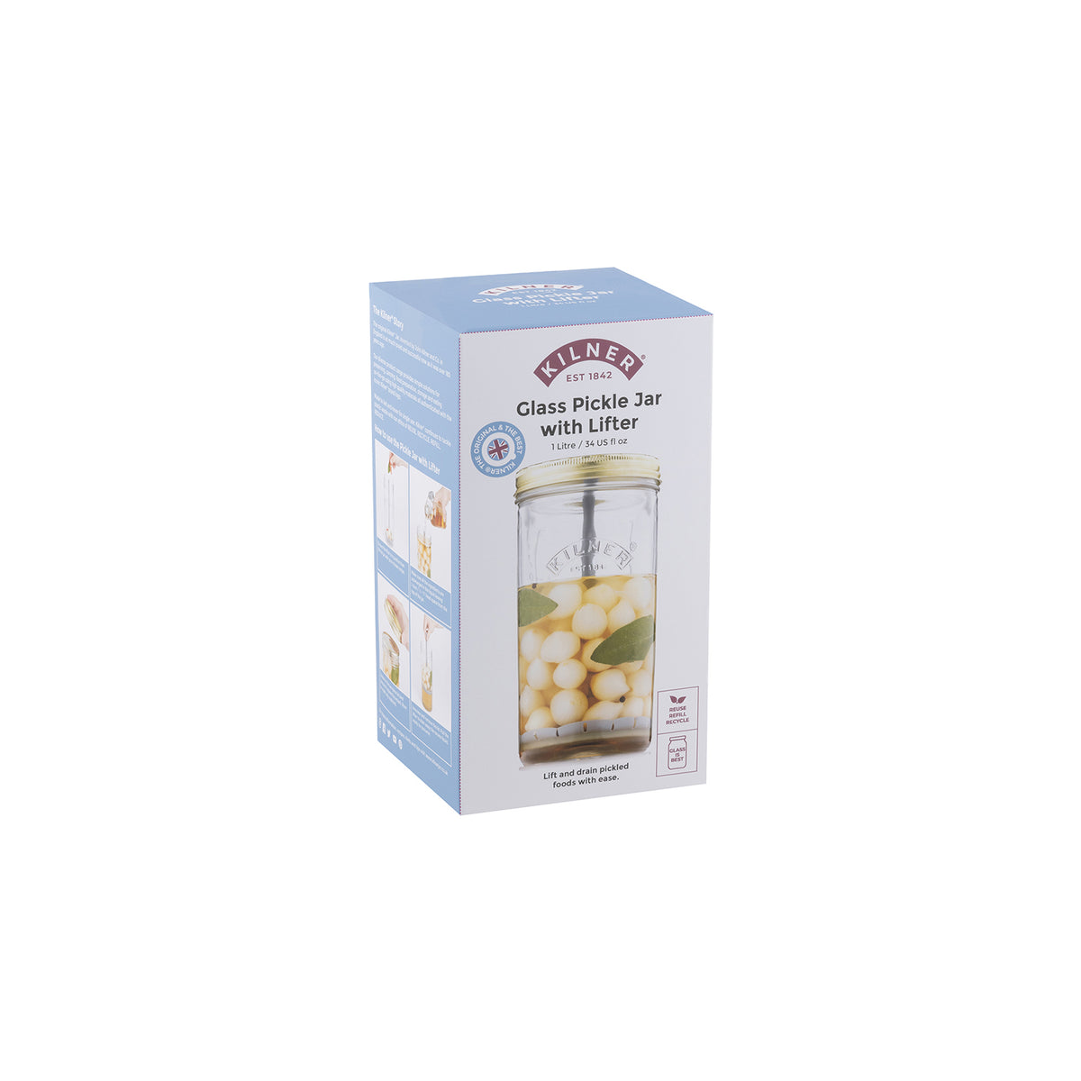Clear Kilner canning jar with wide mouth and metal lid, perfect for preserving fruits and vegetables.