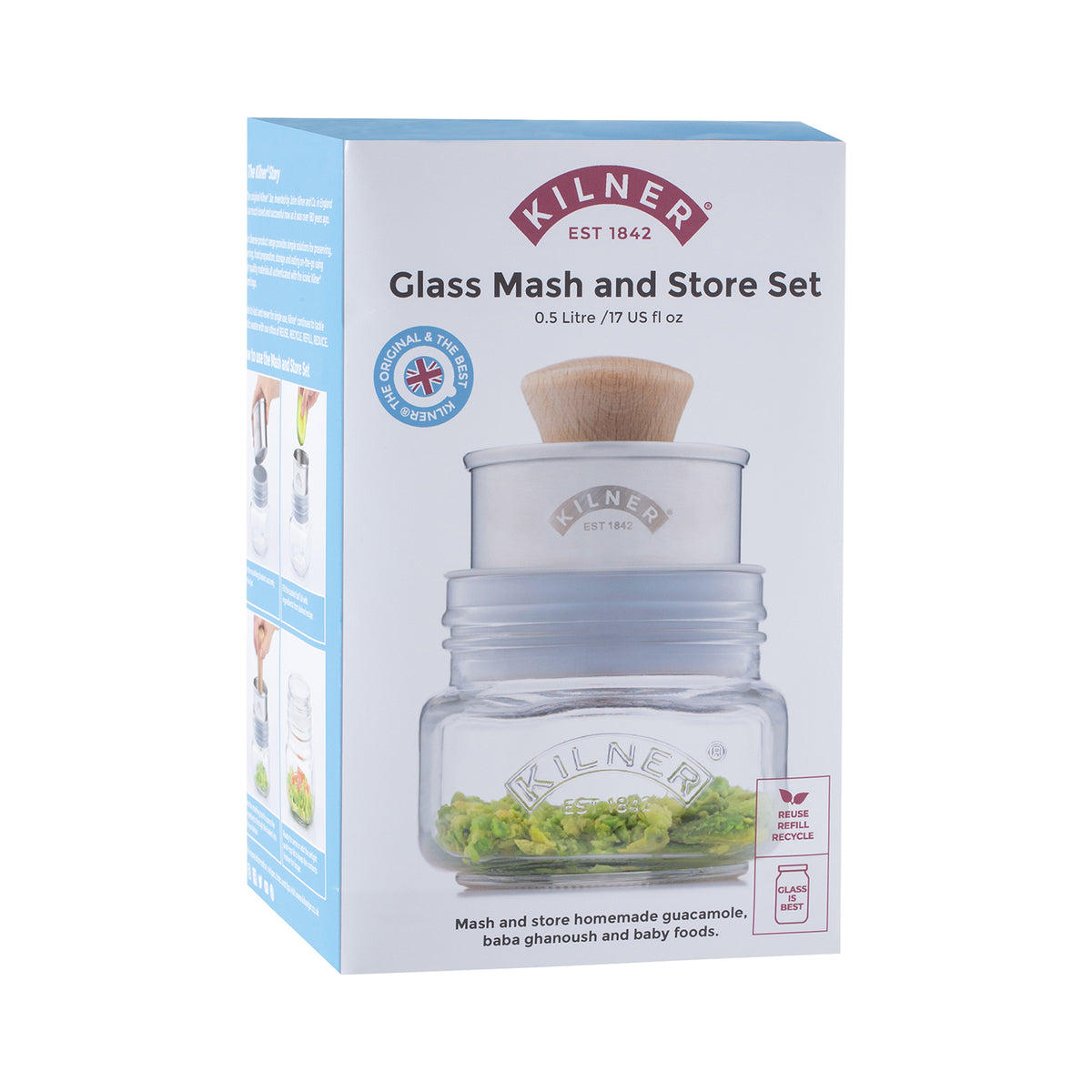 KILNER Gucamole-Set with clear 500 ml container for fresh guacamole, includes utensils for serving and preparation.