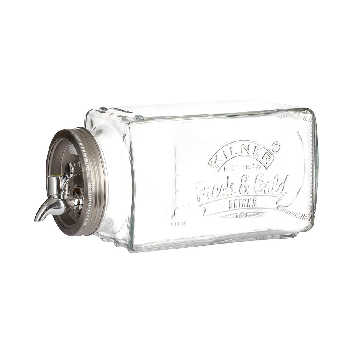 KILNER 3L clear glass drink dispenser with silver lid and spigot, suitable for fridge storage of beverages.