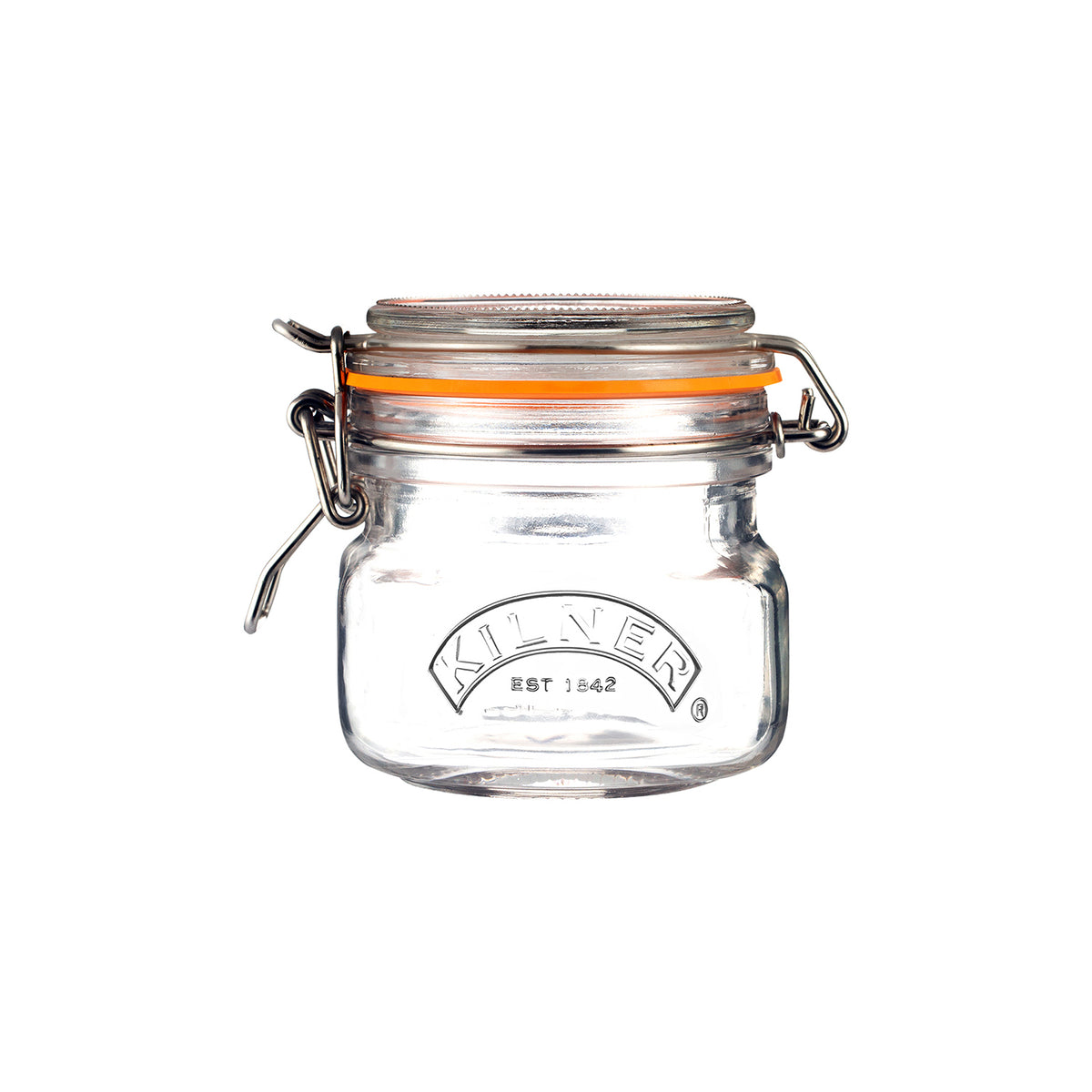 KILNER clear clip square canning jar with metal lid for preserving food and storing dry goods.